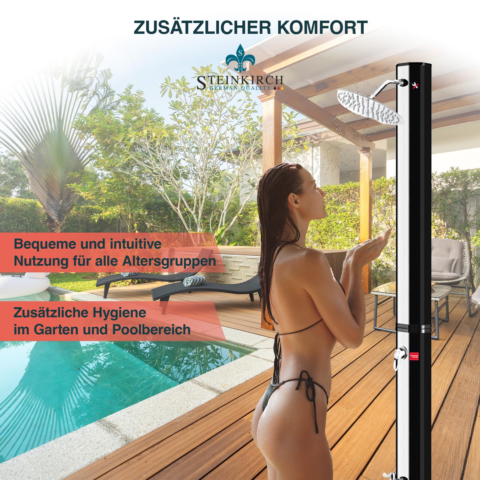 Solar Gartendusche 35L mit Edelstahl Duschkopf Ø 200 mm Pooldusche Campingdusche Außendusche mit Fußdusche und Einhebelmischarmatur Solardusche Garten Wassertemperatur bis 65°C