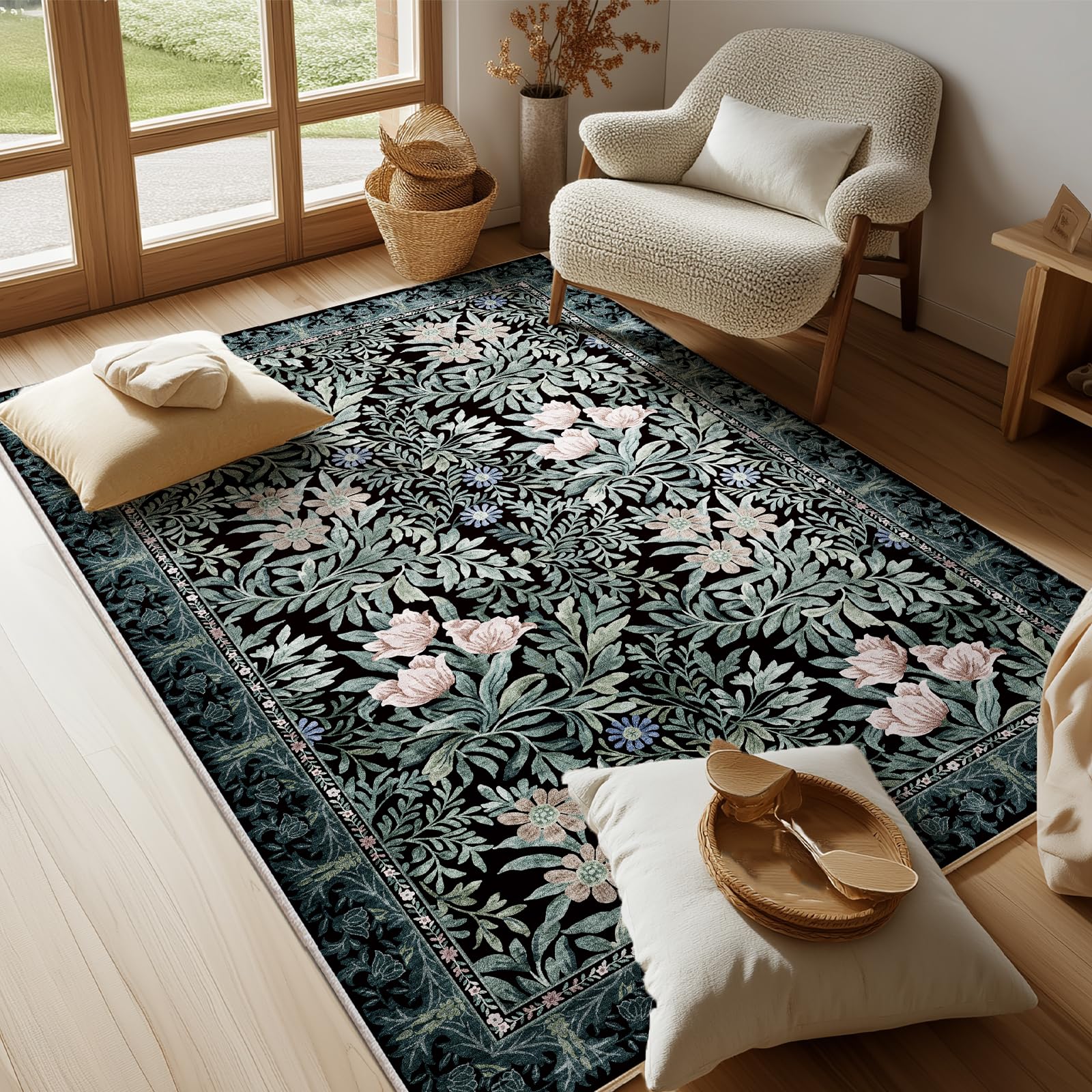 Washable Area Rugs 4x6 Black Green Vintage Floral Botanical Pattern,Perfect for Living Room, Bedroom, Kids Room, Nursery - Stain &amp; Water Resistant Non-Slip, Pet &amp; Child Friendly/Bedroom Decor