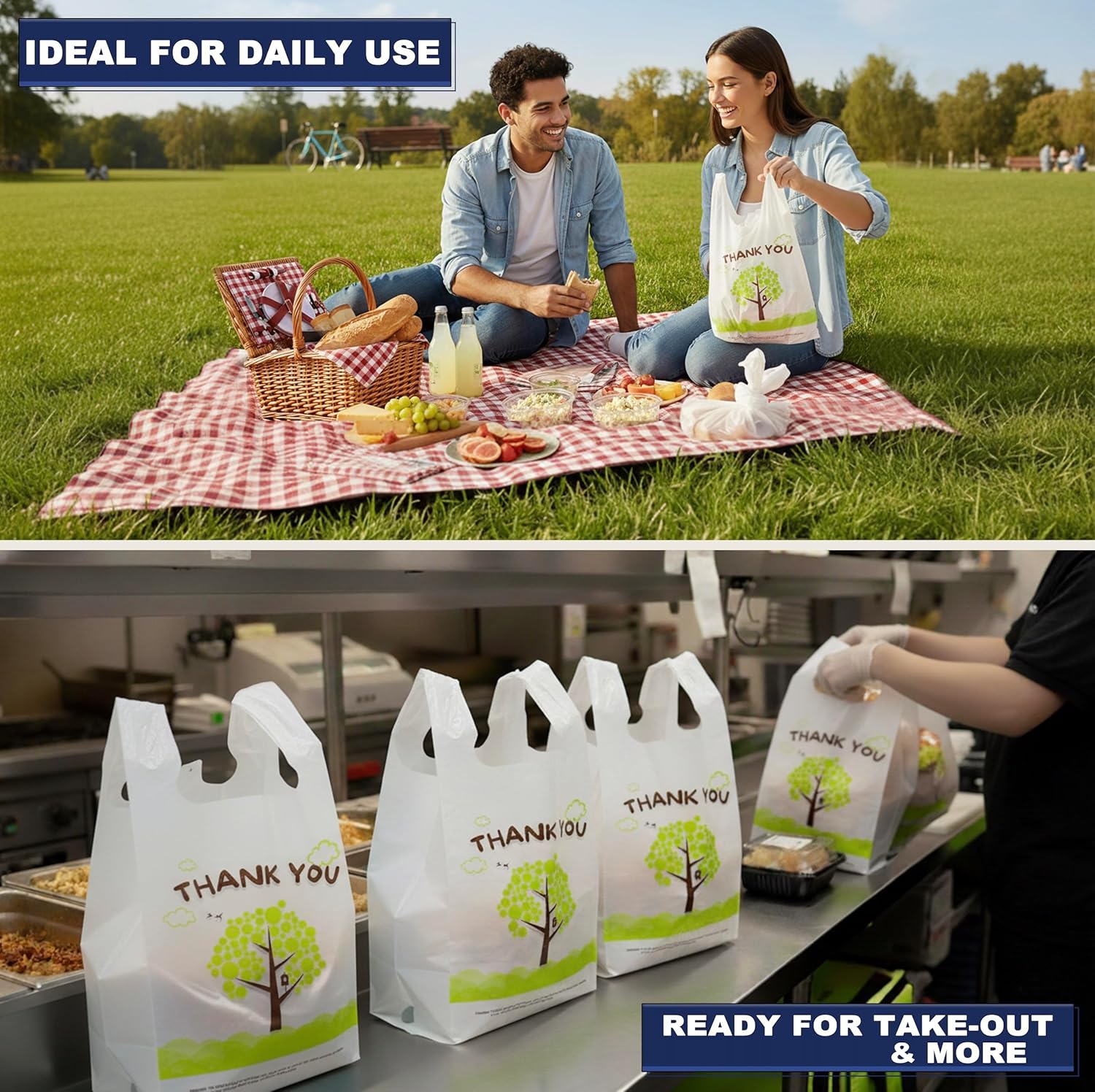 YoYoRain 1000 Count Thank You T-Shirt Bags – Plastic Shopping Bags with Handles for Grocery, Retail & Takeout (11" x 6" x 21")