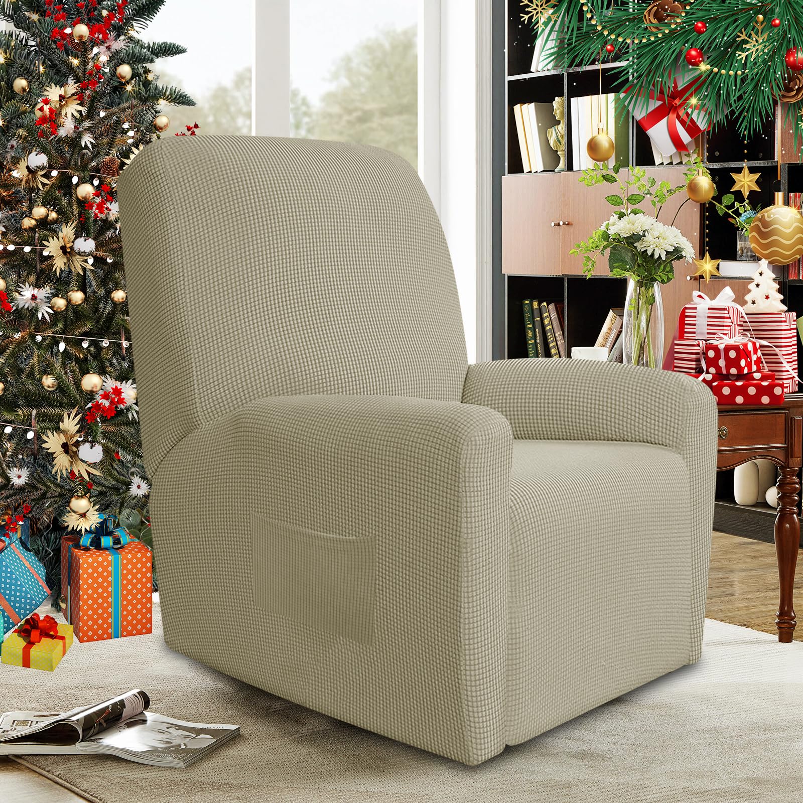 JIVINER Lot de 4 Housses de canapé Super Extensibles en élasthanne Doux et inclinable avec Poches pour Fauteuil inclinable (inclinable, Kaki)