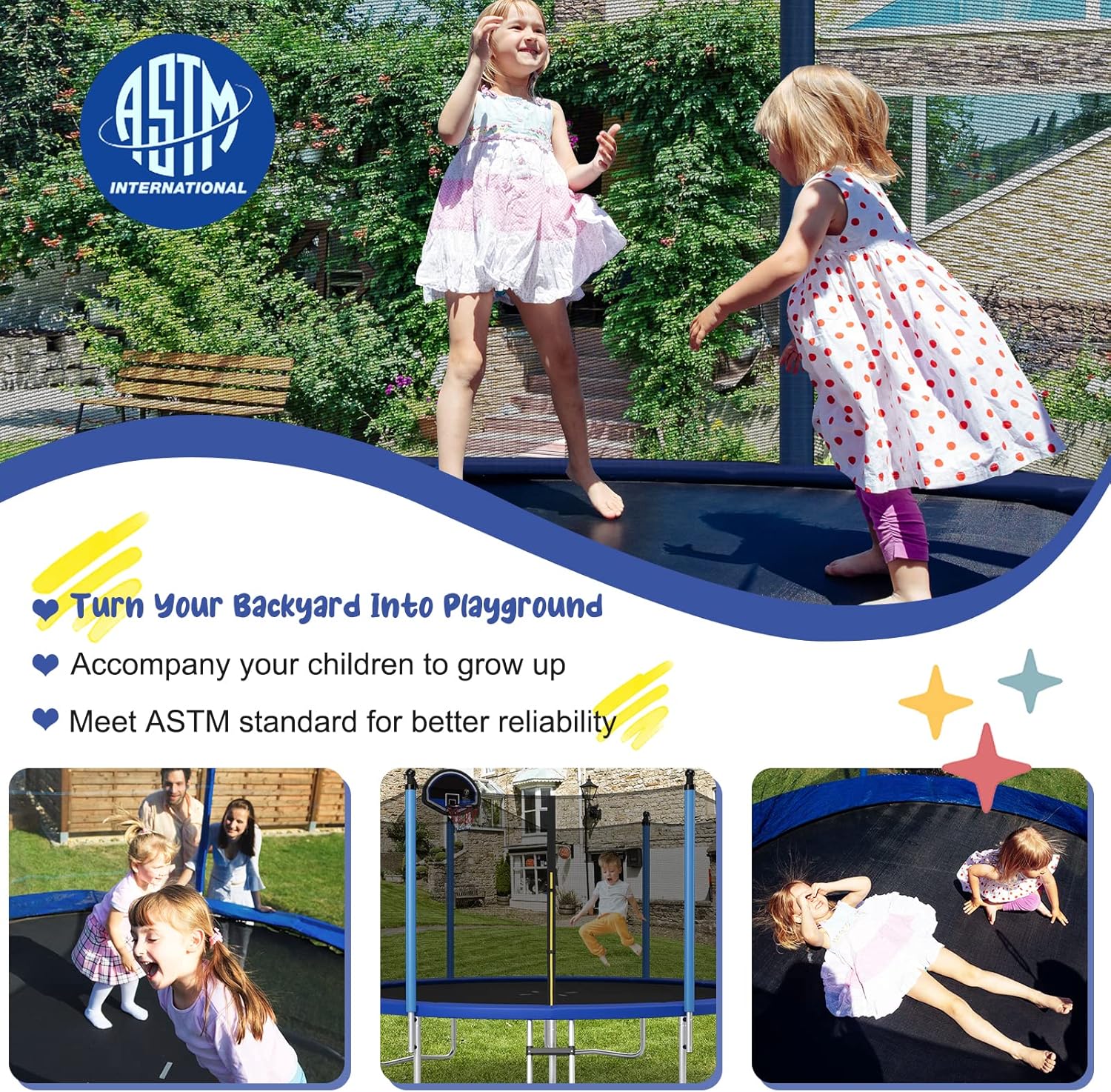 Image showing children jumping on the trampoline, emphasizing safety features like the enclosure net and padded poles.