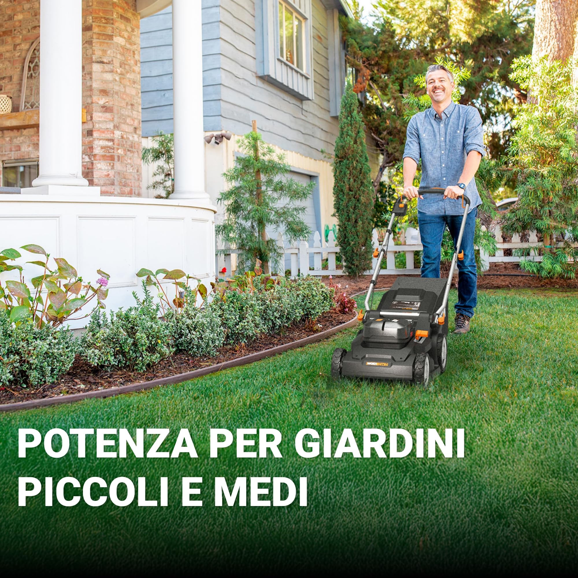 WORX Nitro WG745E, tosaerba a batteria 40V, 2 batterie 20V da 4Ah Pro incluse, superficie massima 600 m², diametro 41 cm, 50 l, taglio fino ai bordi, 6 altezze di taglio, taglio classico
