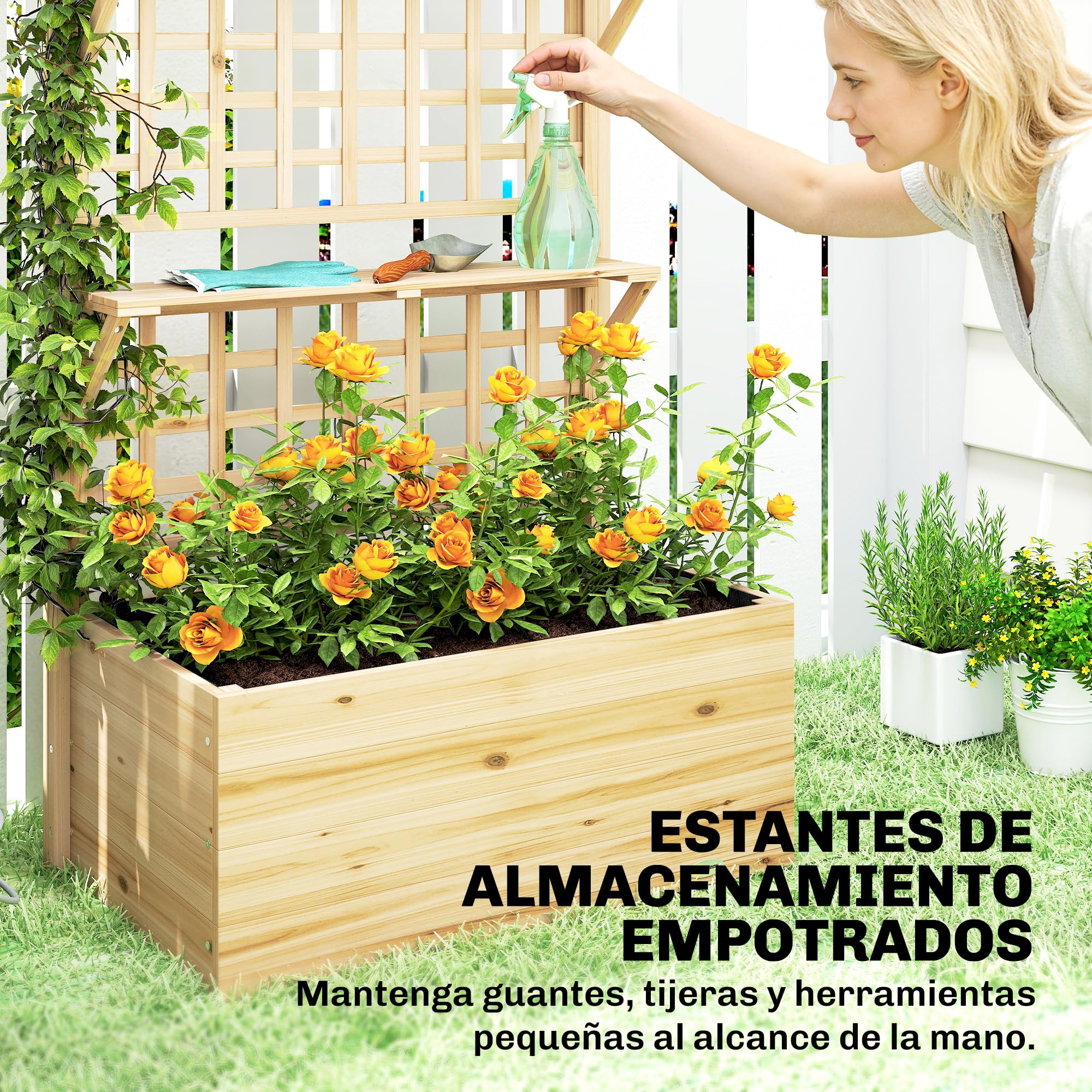 Outsunny Jardinera con Enrejado y Techo de Madera, Jardinera Exterior Grande para Plantas Trepadoras, con 2 Estantes, Drenaje y Forro, Macetero Elevado para Patio, Terraza, 76x43,5x177 cm, Natural