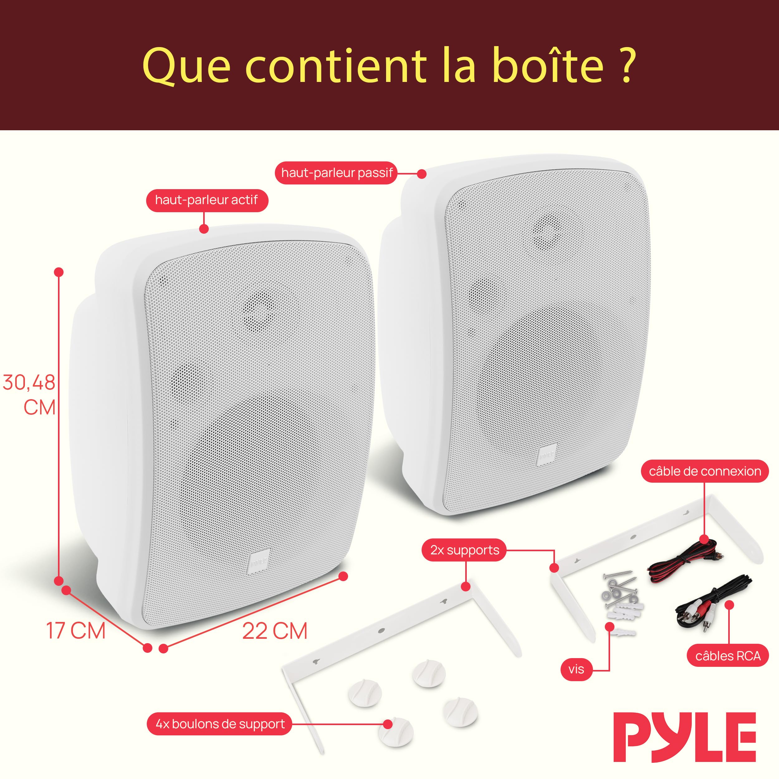Pyle Enceintes Bluetooth - Haut-Parleurs sans Fil pour Extérieur - Paire Active et Passive 2 Voies - 800 Watts - Enceinte Mural, Plafond avec Grille Métallique et Fixation Universelle - Blanc
