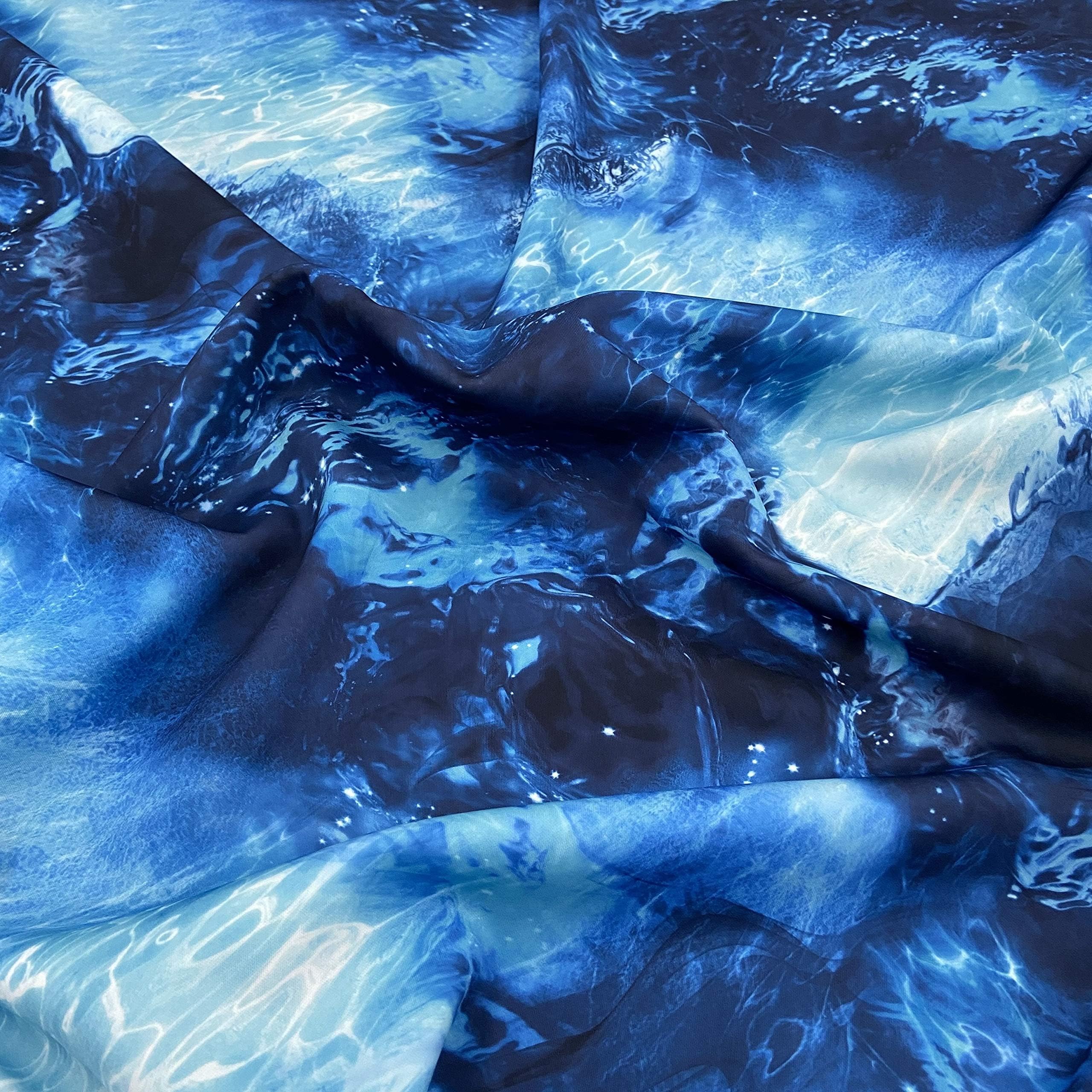 FS826 Blue Ocean Tie Dye Effect Print Jersey Scuba & Spandex Swimwear Sportswear Stretch Fabric - Sold Per Metre