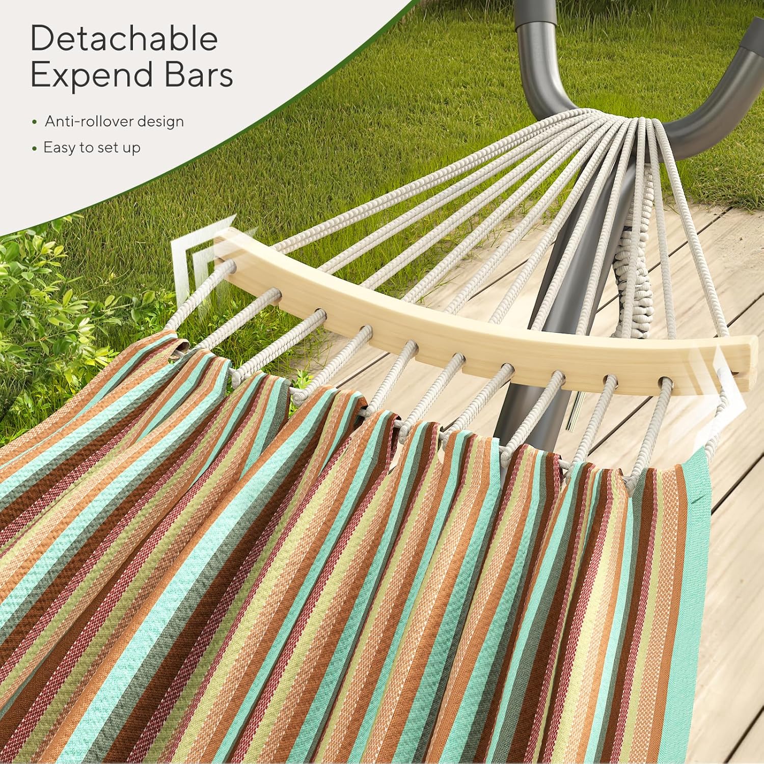 600lbs Hammock with Stand for Outside, 2 Person Portable Hammock with Side Storage, Carrying Bag, Expend Wooden Bar for Outdoor or Indoor (Dark Rainbow)