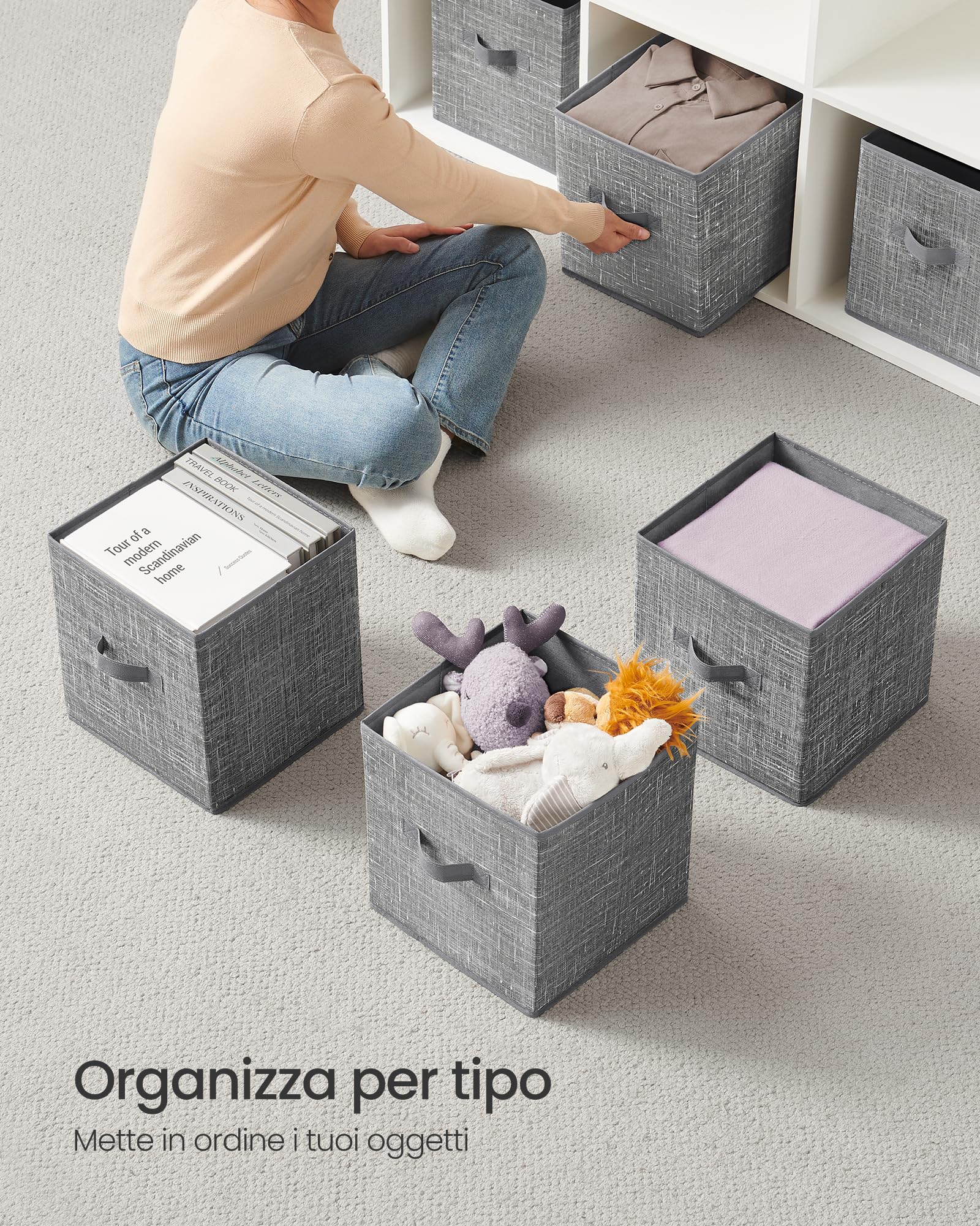 SONGMICS Scatole Portaoggetti, Set di 8 Contenitori da 28 cm in Tessuto Non Tessuto, con Doppie Maniglie, Organizzatori a Cubo, per Scaffale, Pieghevoli, per Abiti, Grigio Giunco ROB826G01