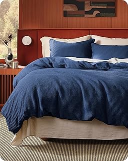 Bedsure Cotton Duvet Cover Queen - 100% Cotton Waffle Weave Navy Blue Du...
