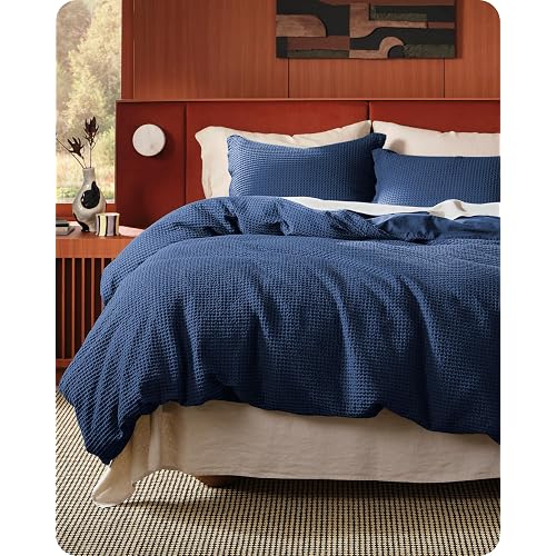 Bedsure Cotton Duvet Cover King - 100% Cotton Waffle Weave Navy Blue Duvet Cover King Size, PureWoven Breathable Bedding Set for All Season, 3 Pieces, 104"x90"