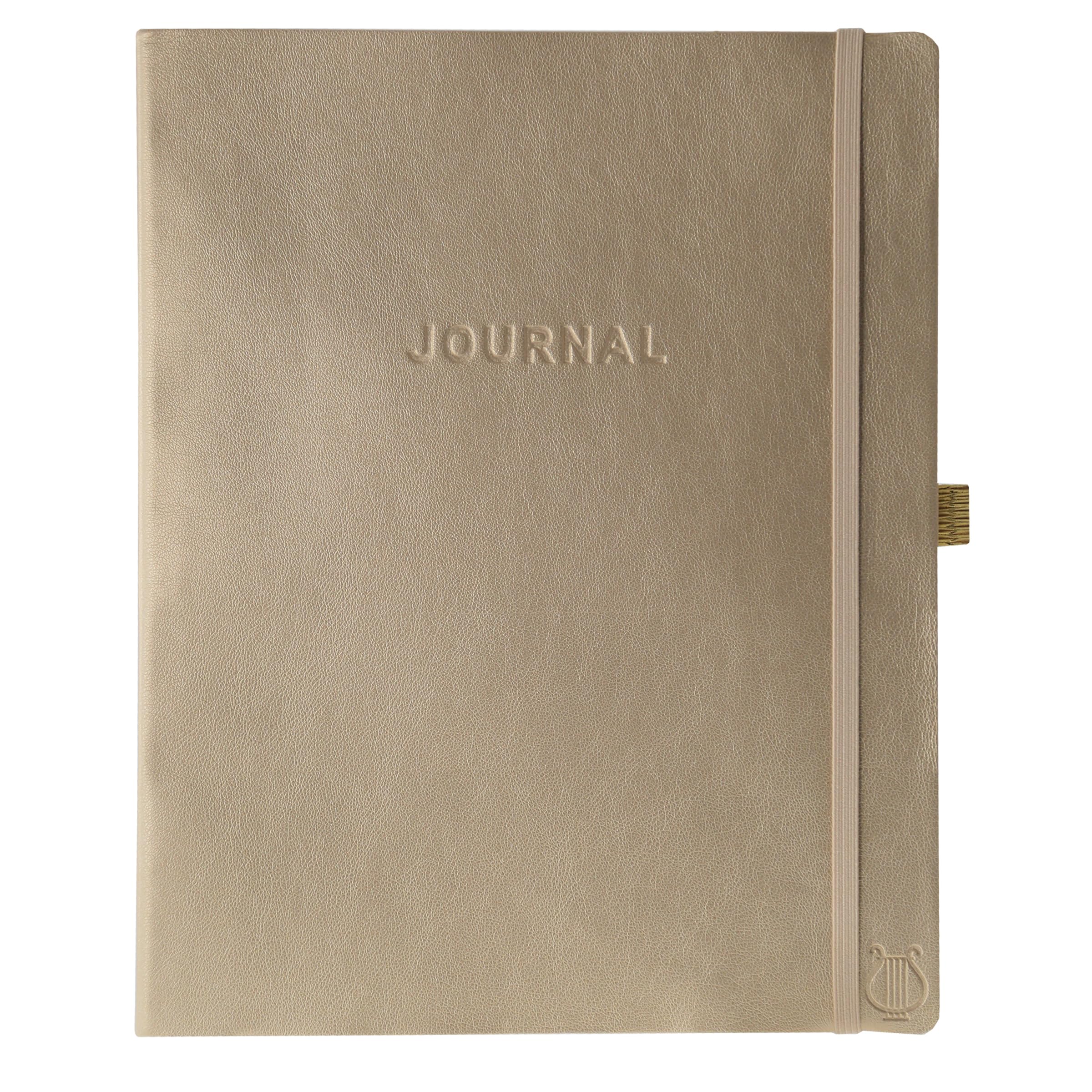 Gold Vegan Leather Journal, Lined, Elastic Closure, Pen Loop, Inner Pocket