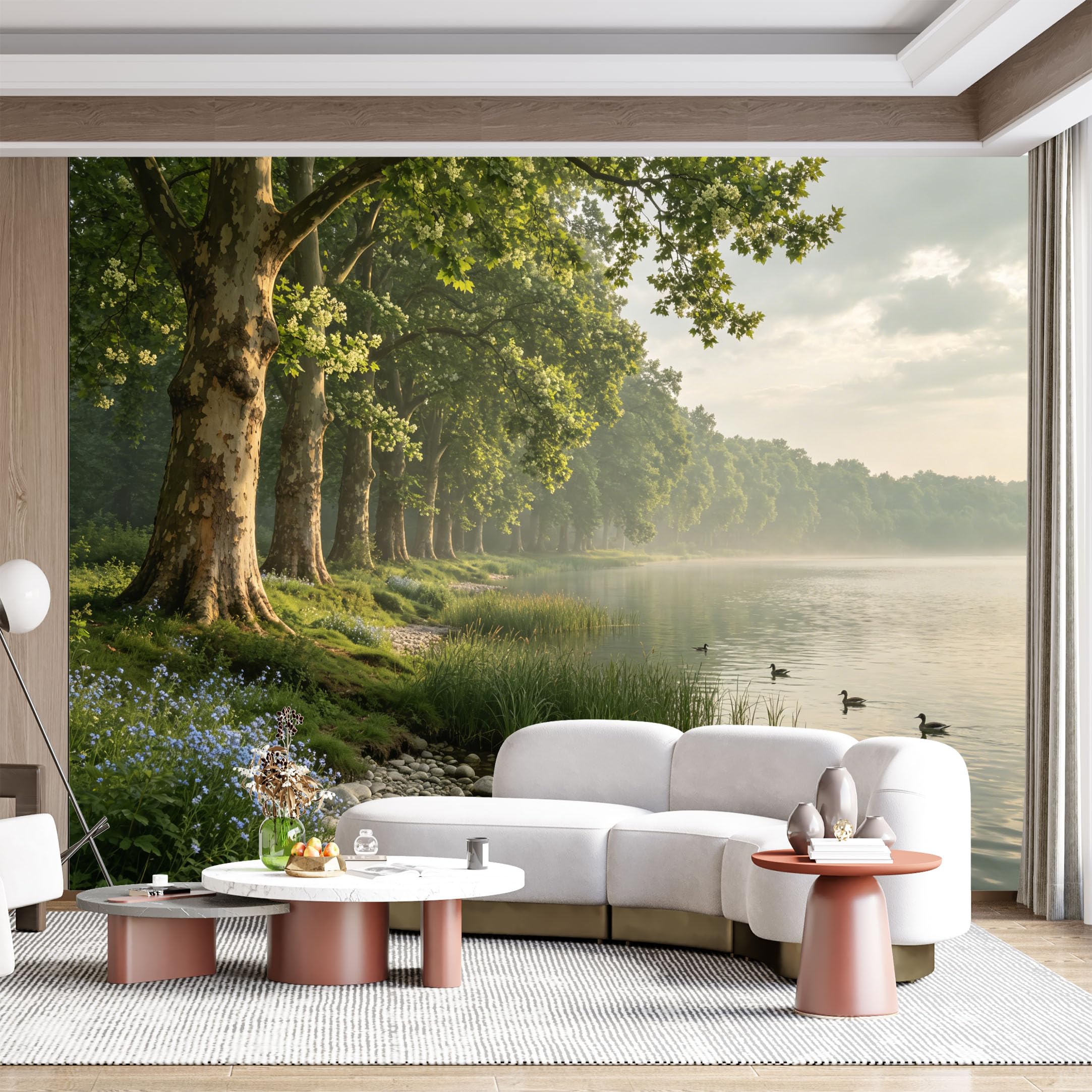 Custom Size Wall Mural Serene Lakeside Forest Landscape with Ducks and Flowers SelfAdhesive Wall Fabric Removable for Home Office Decor