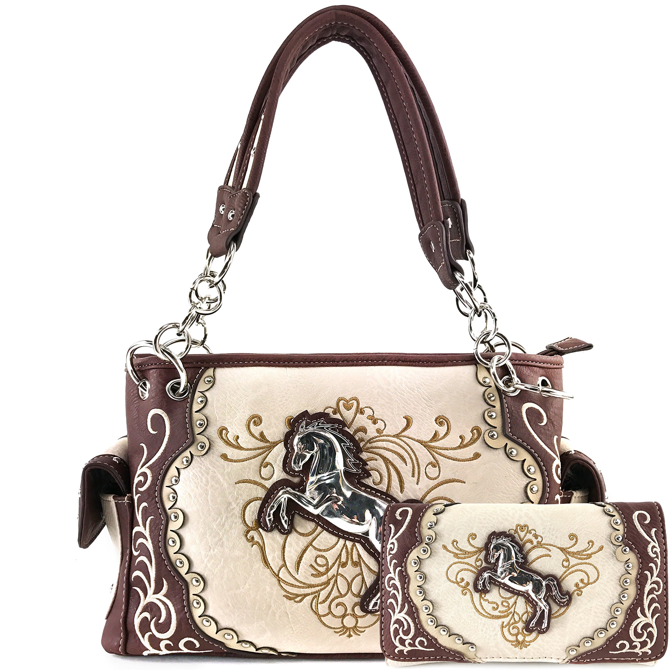 Justin West Horse Embroidery Studded Concealed Carry Handbag Purse Matching Wallet
