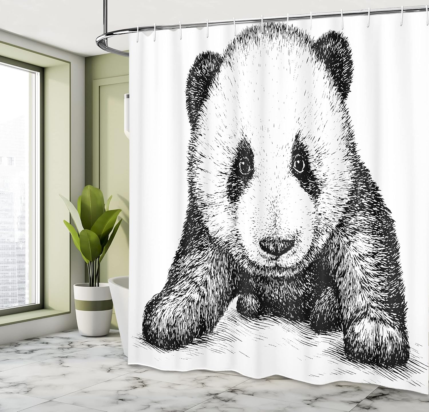 Ambesonne Panda Shower Curtain, Panda Bear Illustration Sketch Style Art Nature Wild Animals Theme, Cloth Fabric Bathroom Decor Set with Hooks, 69" W x 70" L, White Black