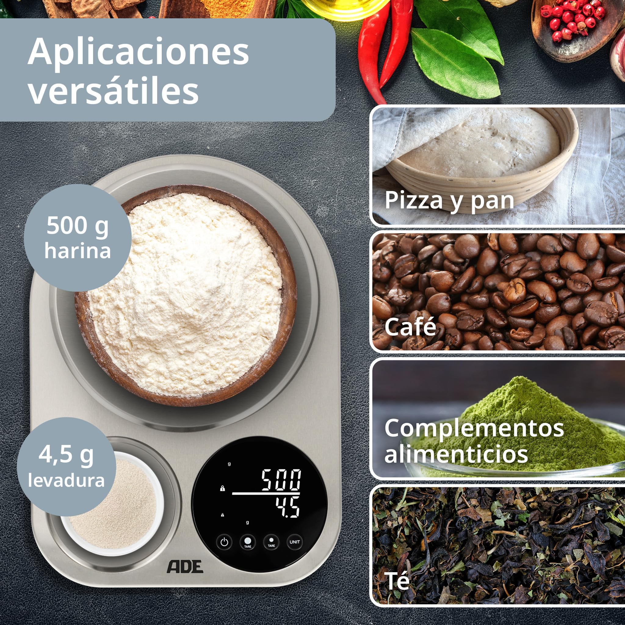 ADE Bascula de cocina digital con 2 plataformas 5kg/1g & 500g/0,1g | balanza de precisión exacta hasta 0,1g | balanza fina para la cocina | perfecta como balanza de café o para pan | 5 kg de capacidad