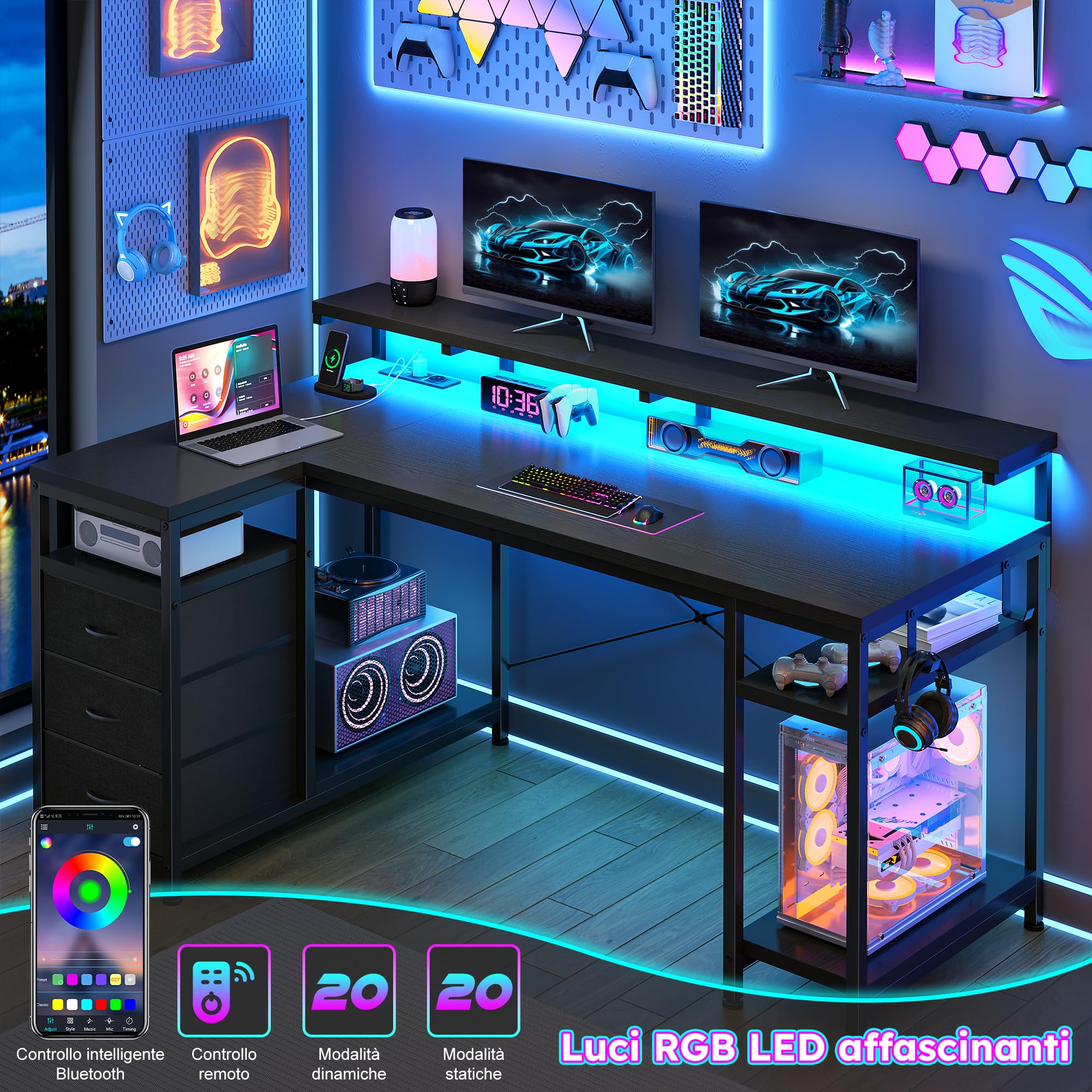 160x80cm Forma a L Gaming Scrivania Angolare con 3 Cassetti, LED, Reversibile Scrivania con Supporto per Monitor, 2 Presa 2 USB Integrata, Gancio per Lavorare, Gaming,Studiare,Homeoffice,Nero
