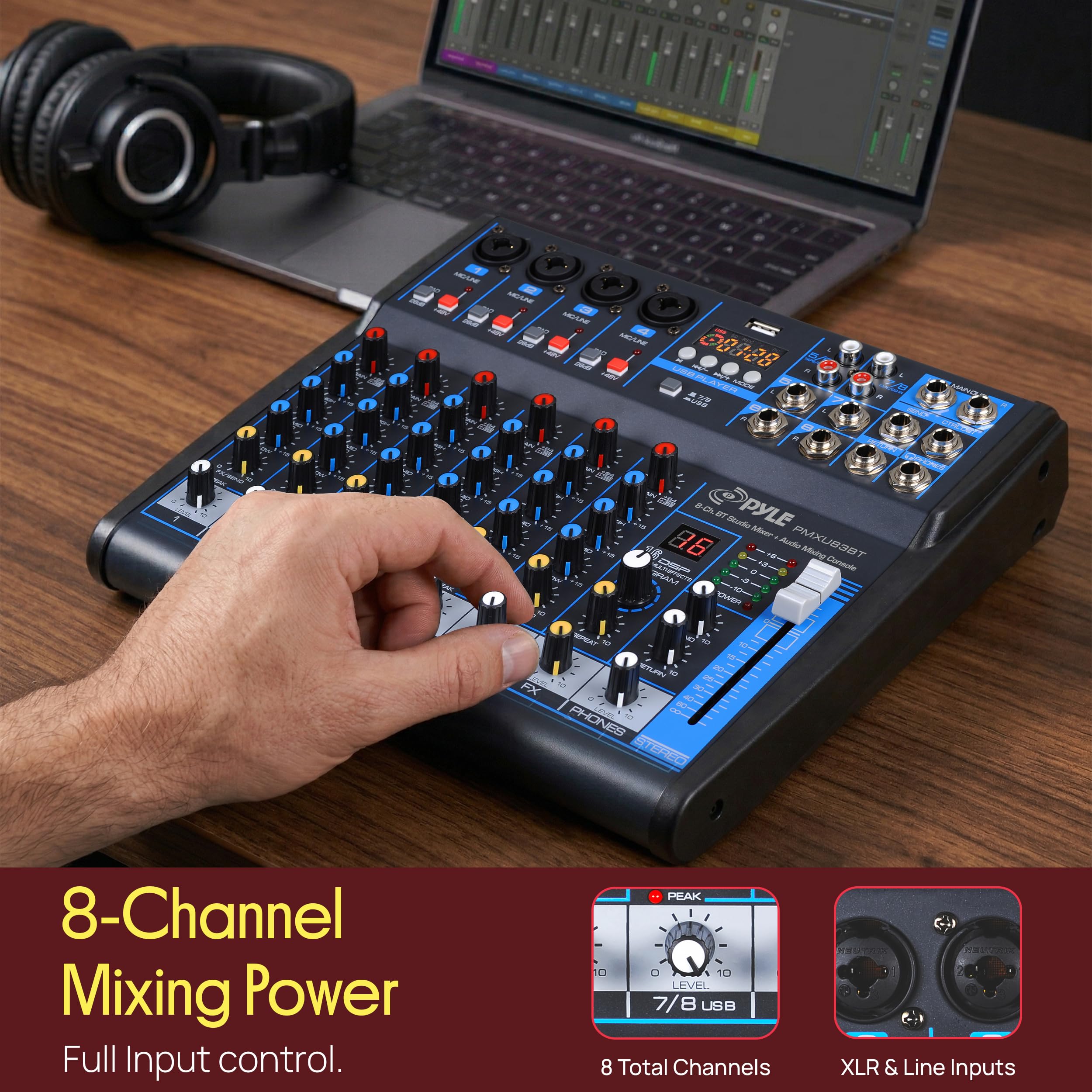 Pyle 8-CH Studio per mixer DJ [interfaccia audio per mixare sistema audio] wireless Bluetooth Streaming | USB/interfaccia connessione computer | Supporto | MP3 digitale + 48 V Phantom Power (pmxu83bt)