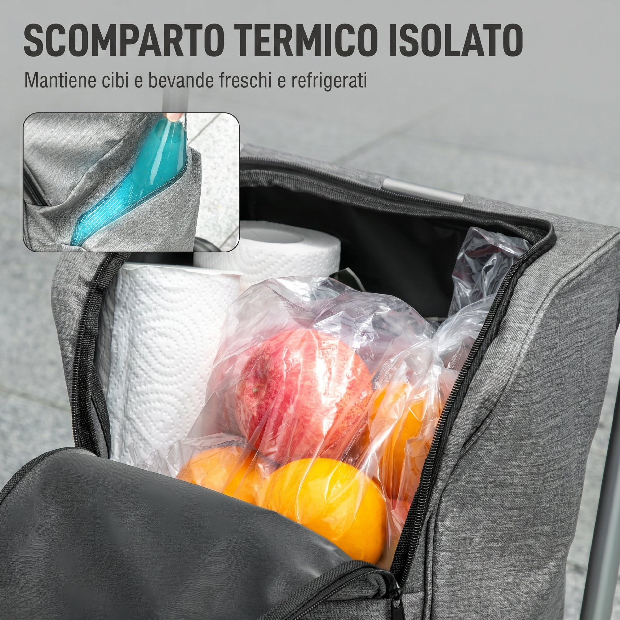 HOMCOM Carrello Spesa Pieghevole in Alluminio con Ruote, 3 in 1 Carrellino Spesa con Borsa in Tessuto Oxford 600D da 46L, Tracolla, Scomparto Refrigerato, Manico Regolabile, Grigio