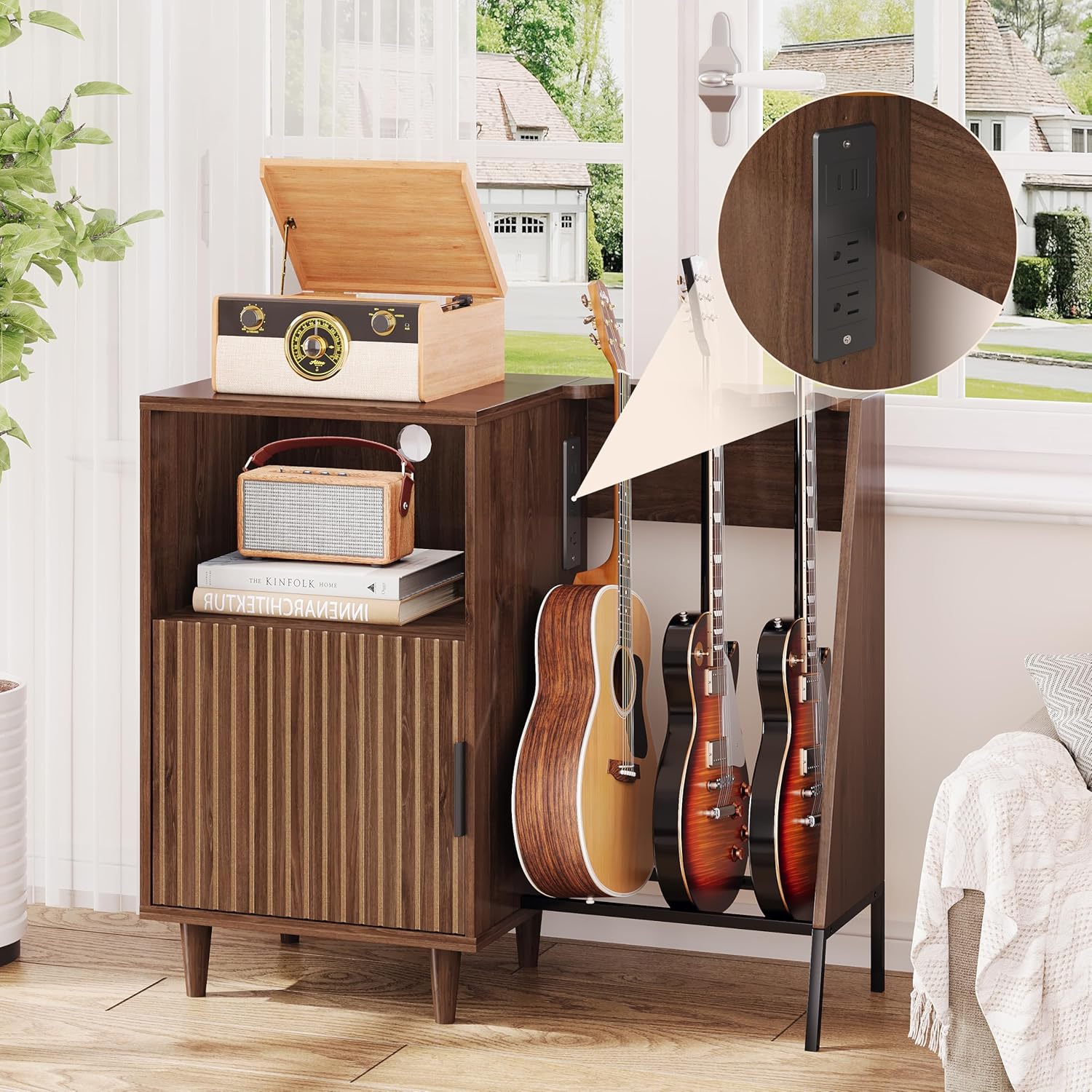 Guitar Stand with Vinyl Record Storage, Record Player Stand with Multiple Guitars Holder, Built-in Power Outlet, Guitar Amp Stand for Acoustic, Electric Guitar, Bass, Speaker, Amp