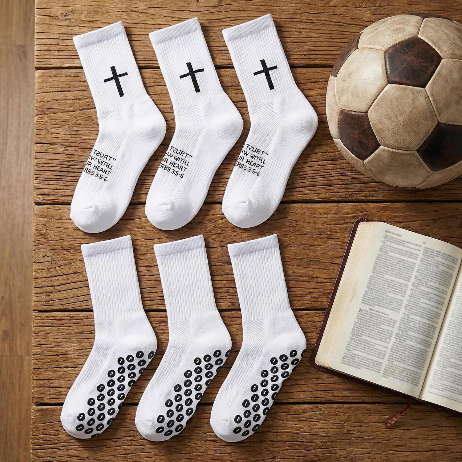 3 Pack Cross Grip Bible Verse Soccer Socks | Anti-Slip Religious Christian Sports Socks US 6-13