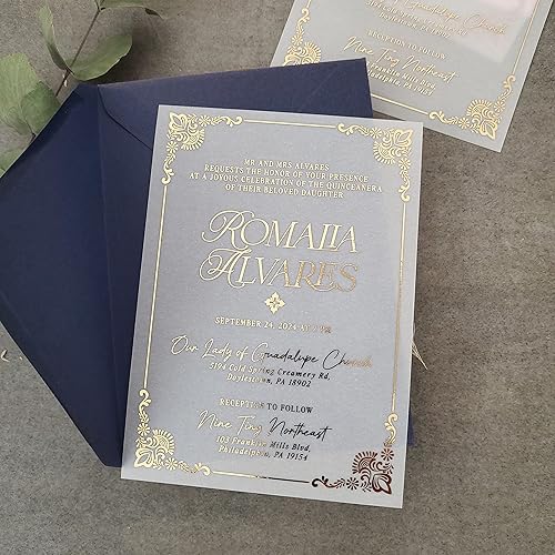 Set of 10 Quinceanera Invitations, Gold Mis Quince Invitations for Girl 15th Birthday, Vellum Quinceañera Cards, Quince Anos Celebration, Custom