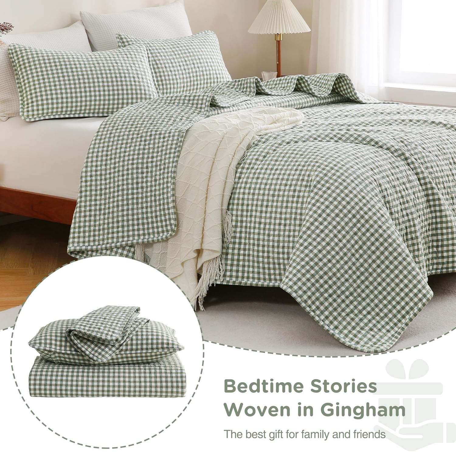 TOCOMOA Green Brown Gingham Quilt Bedding Set 100% Washed Cotton Bedspread Coverlet Like Linen Feel Soft Comfy Breathable 3 Pcs Plaid Checkered Lightweight Comforter Set for All Season, Queen 96"x90"