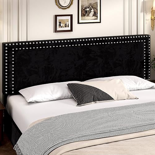 Miniatura 318 de VECELO Base de cama de tamaño matrimonial con cabecera tapizada ajustable, plataforma de listones de madera, diseño sin ruido, fácil montaje Negro