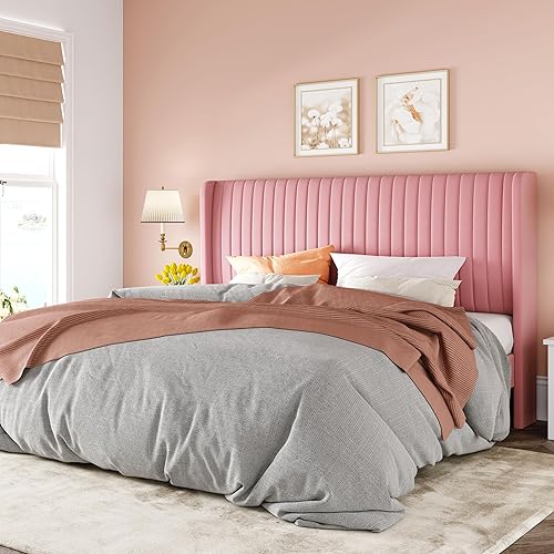 Miniatura 12 de Allewie - Base de cama tamaño Queen con cabecera acolchada tapizada en terciopelo y diseño acanalado vertical; plataforma de cama tapizada; listones