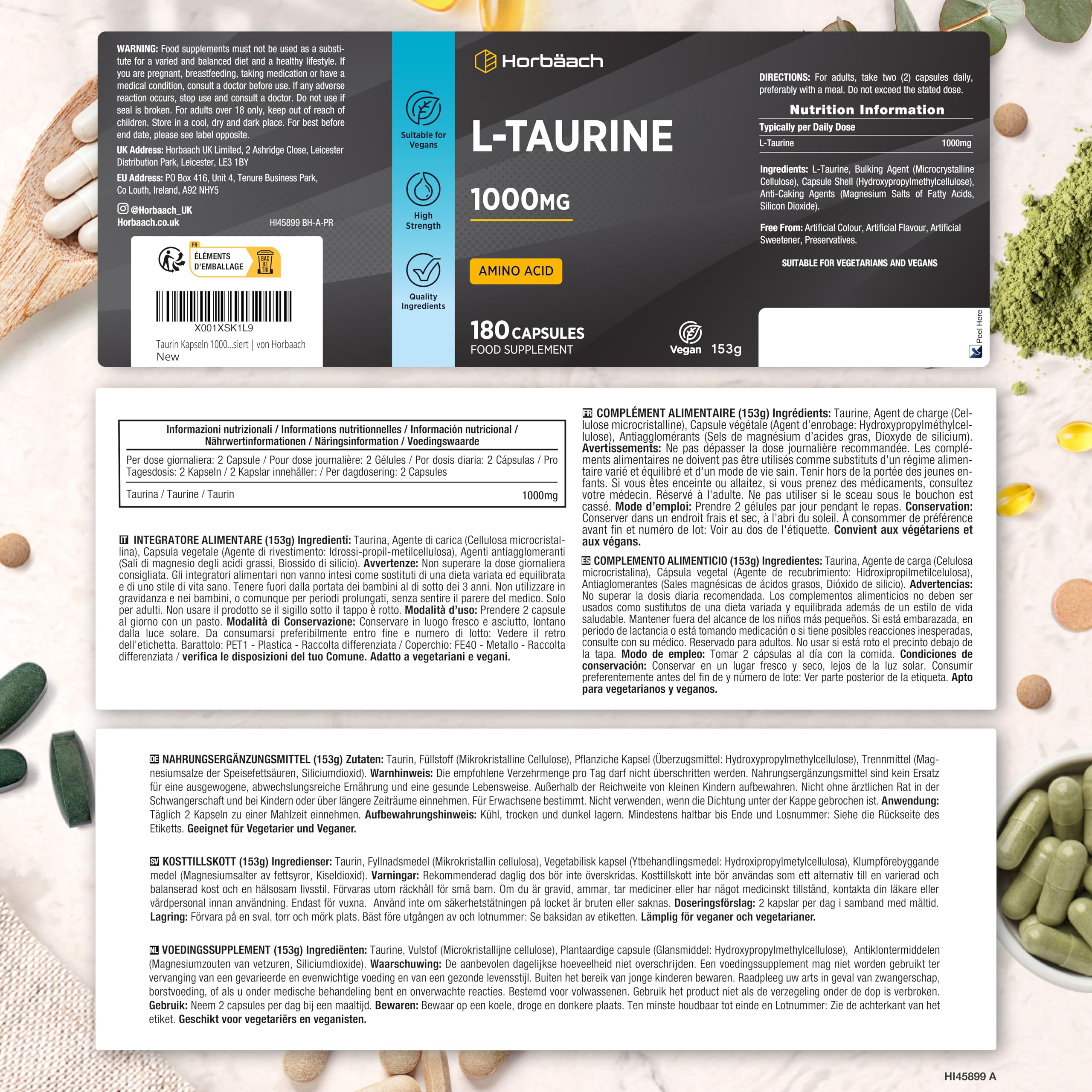 Taurina 1000 mg per Dose | 180 Capsule Vegane per 3 Mesi | Aminoacidi Essenziali Pre Workout Post Workout | L-Taurine Amino Acid | di Horbaach