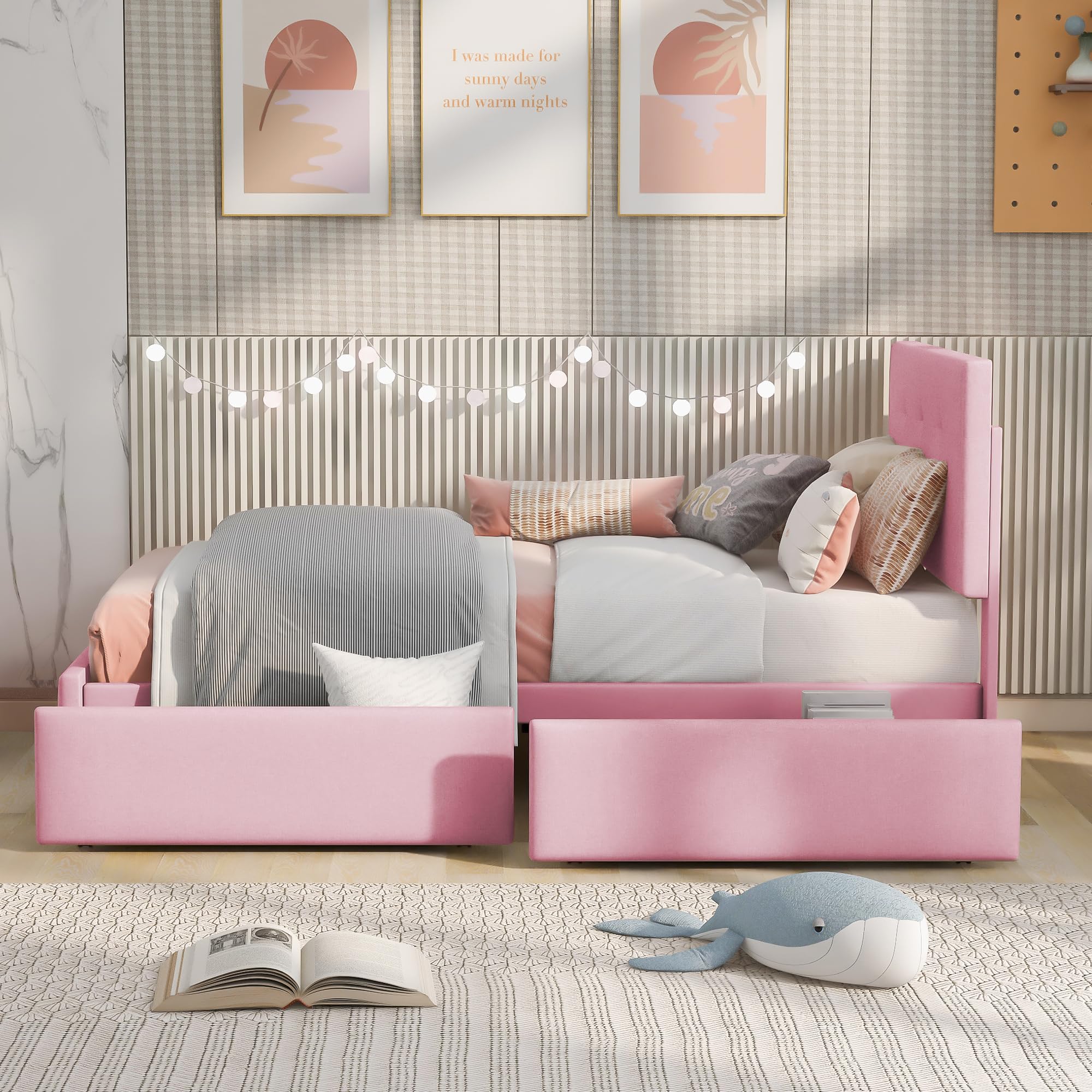 Merax Polsterbett Einzelbett mit 2 Schublade, Bett mit Lattenrost und Rückenlehne, Samtstoff, Kinderbett Jugendbett Gästebett, Stauraumbett, Schlafzimmermöbel, ohne Matratze, 90 x 200 cm, Rosa