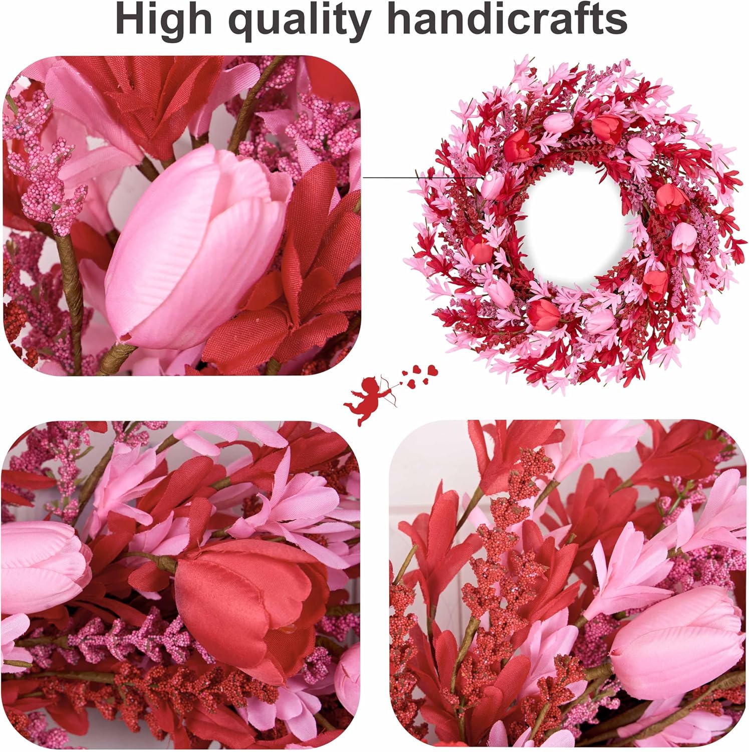 Valentines Day Decorations 22 Inch Valentine's Day Wreath Pink Flower Wreaths for Front Door with Red Tulip Pink Forsythia Flowers for Valentine Wedding Anniversary and Holiday Decorations - Image 6