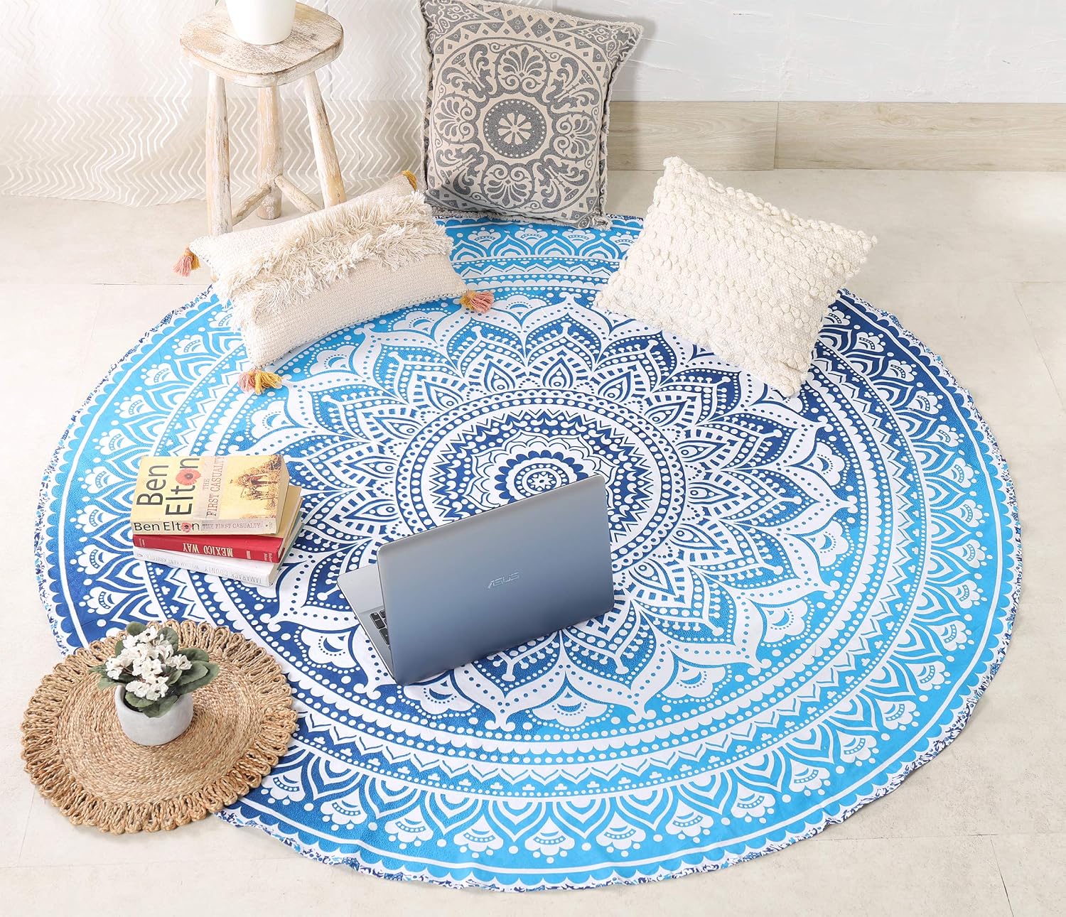 Popular Handicrafts Round Tapestry Wall Hanging Ombre Hippie Mandala Bohemian Hippy Intricate Indian Tapestries Tablecloth 70 Inches,(178cm) Blue - Image 3