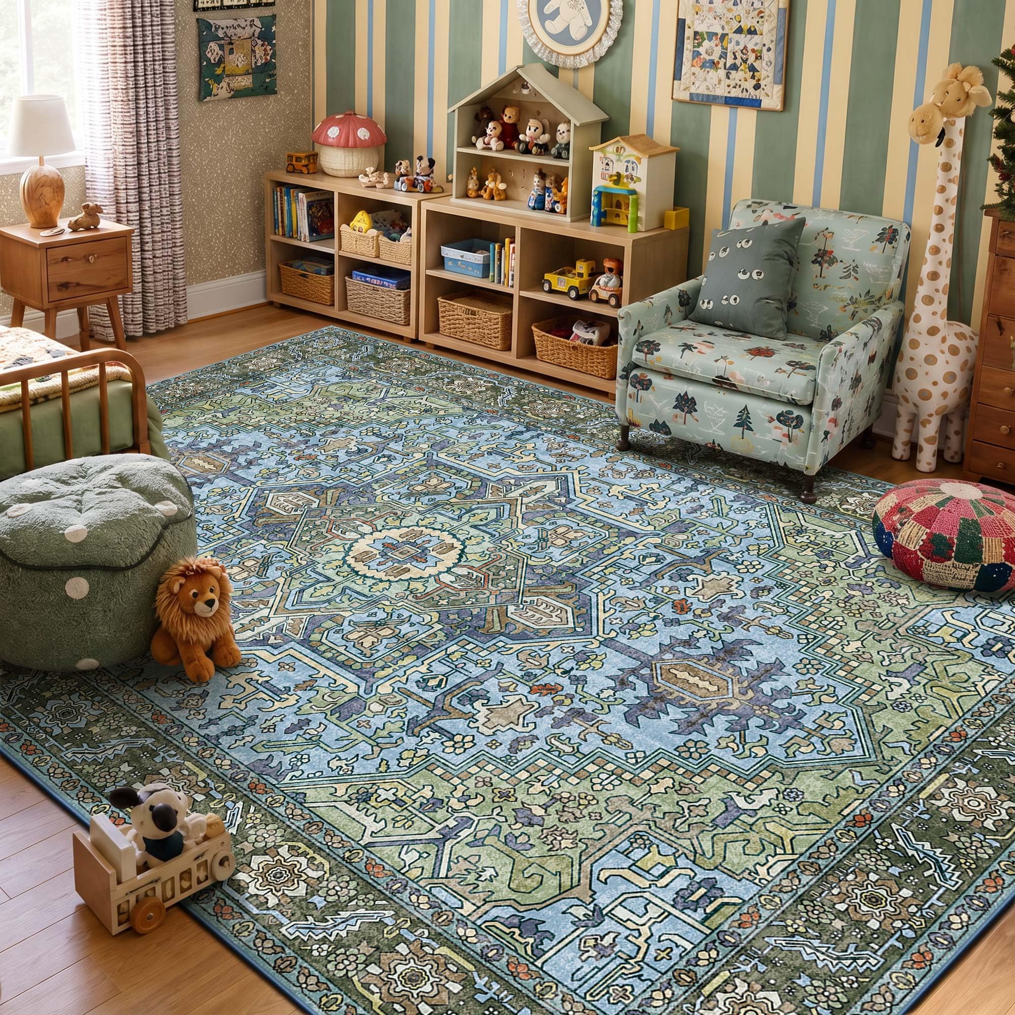 Kokia 6x9 Green and Navy Blue Vintage Boho Oriental Soft Washable Area Rug