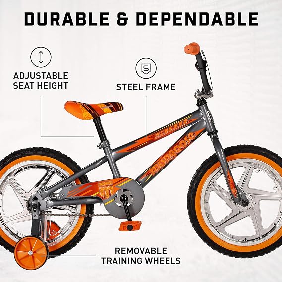 Mongoose Skid Bike, 16 Inch Bike for Kids Ages 3-7, BMX Style, Adjustable Seat Grows with Your Child, Mag Wheels, Training Wheels, Rear Coaster Brake, Training Bicycle for Kids