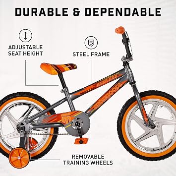Mongoose Skid Bike, 16 Inch Bike for Kids Ages 3-7, BMX Style, Adjustable Seat Grows with Your Child, Mag Wheels, Training Wheels, Rear Coaster Brake, Training Bicycle for Kids