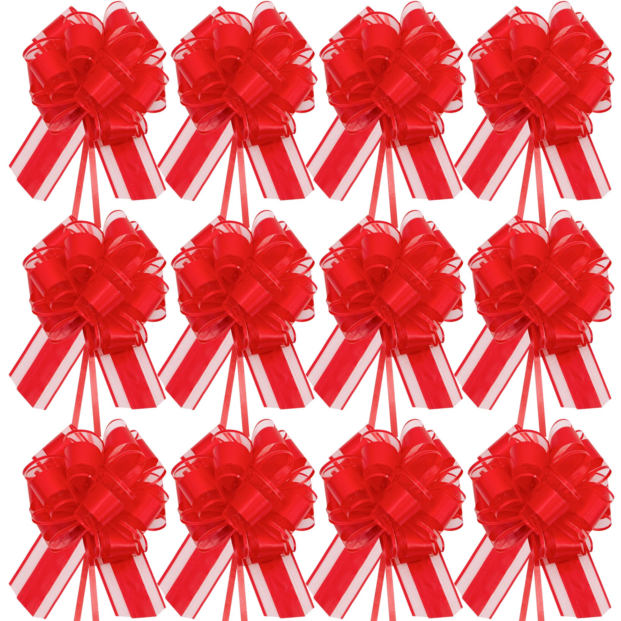 Time to Sparkle 12PCS Organza Pull Bows 17cm*22cm Gift Wrapping Bows Present with Ribbon Pull String for Christmas Baskets,Party Present,Holiday - Red