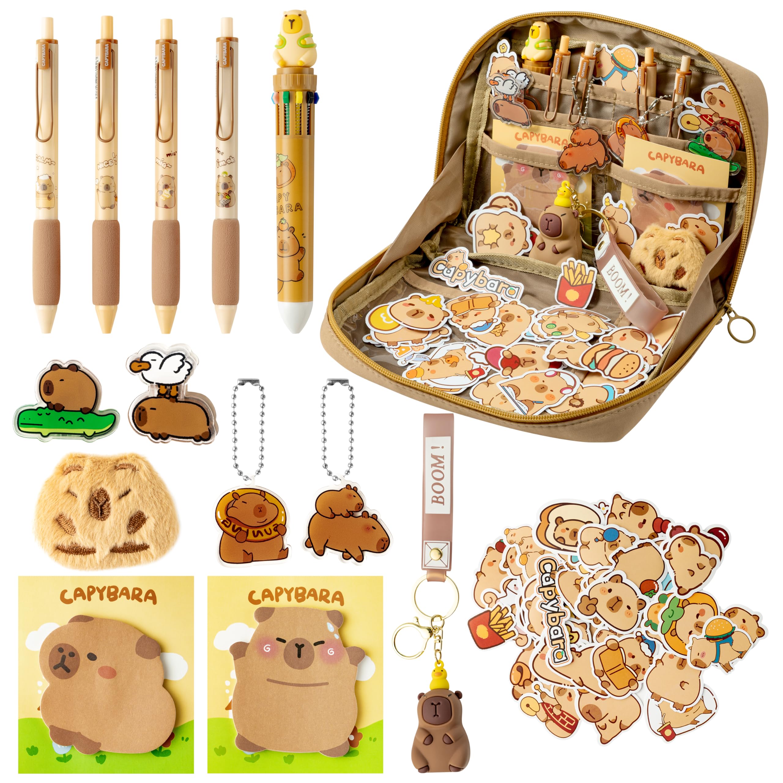 GQIRIL Cute Capybara Pencil Case - Capybara Stationery Gift Set, Kawaii Cartoon School Supplies Kit with 11 Compartments Pen Pouch, Sticky Note, Clip,