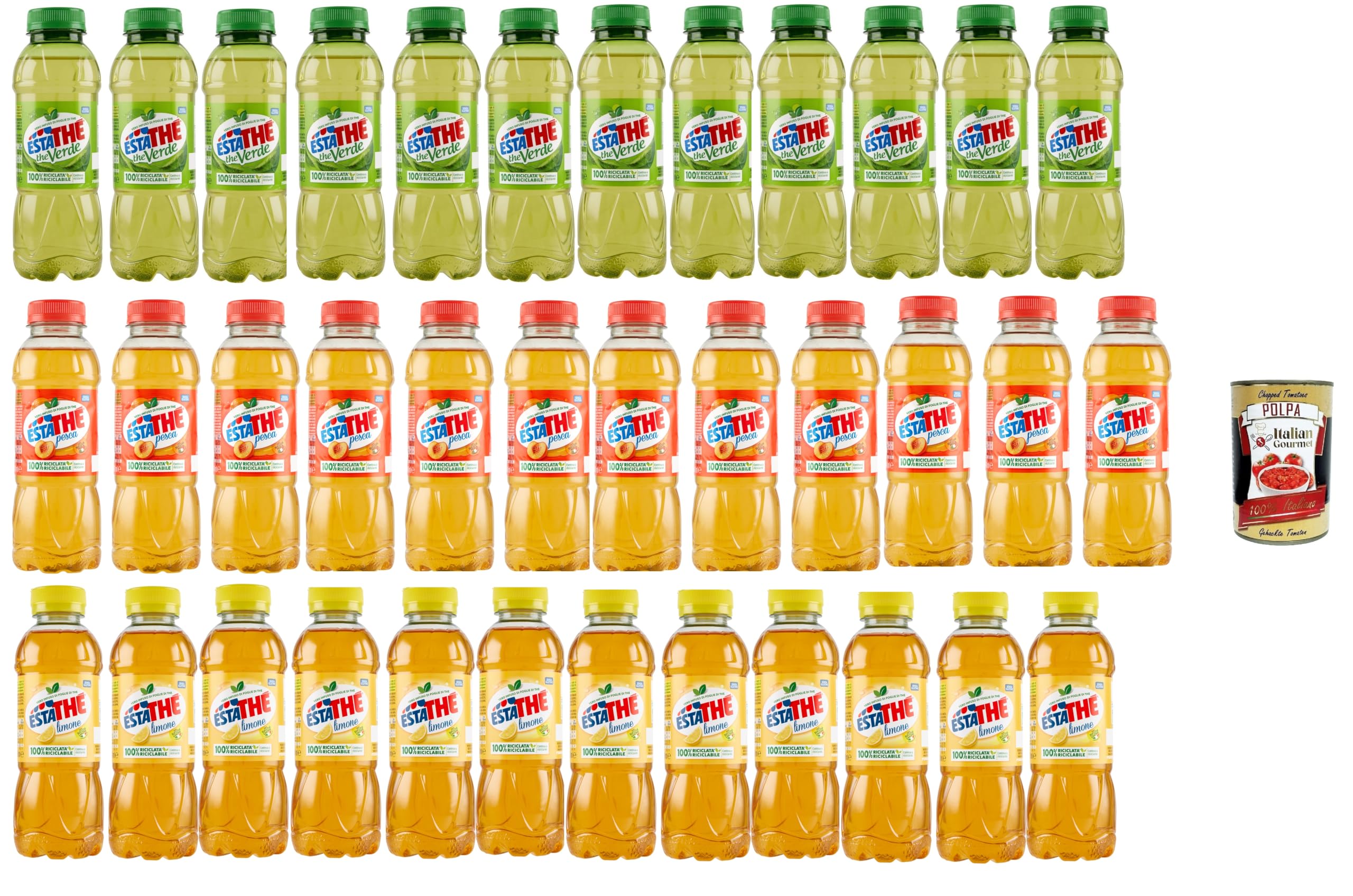Italian Gourmet Estathe Testpaket Tè freddo verde limone pesca 36 x 400ml | Assortimento estivo in bottiglia PET; mit Aufguss in natürlichem, Gesamtnettogewicht 14,4 L + Kostenlos Polpa 400g