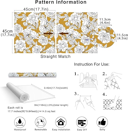 Miniatura 6 de HAOKHOME 93171-2 Papel pintado floral dibujado despegar y pegar, extraíble, barra doradanegroblanco, vinilo autoadhesivo mural 17.7 x 118 pulgadas