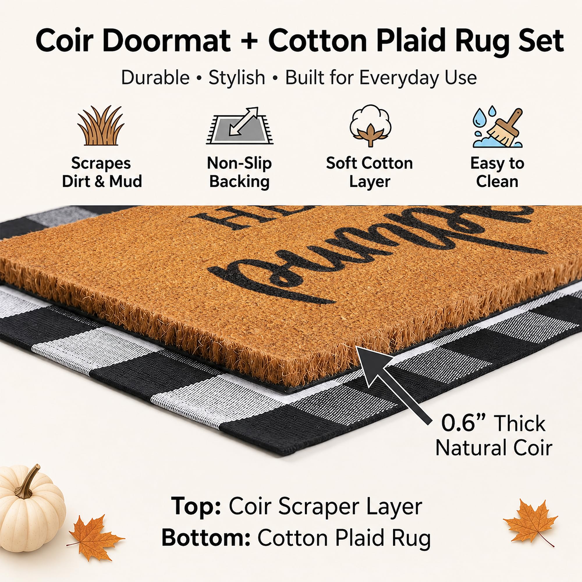 Ensemble de paillassons décoratifs d'automne en 100 % fibre de coco + tapis à carreaux noirs et blancs de 71,1 x 109,9 cm – Paillasson d'entrée pour porche, intérieur et extérieur, tapis d'automne