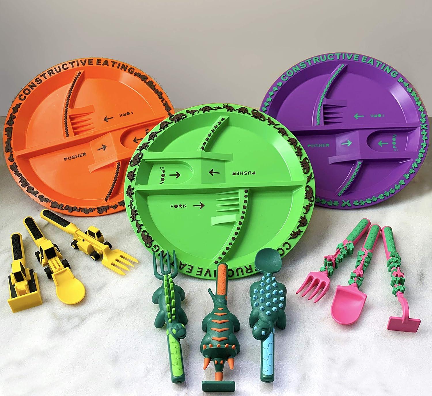 Constructive Eating Made in USA Construction, Dinosaur, and Garden Fairy Combo with 3 Utensil Sets and 3 Plates for Toddlers, Infants, Babies and Kids - Made With Materials Tested for Safety