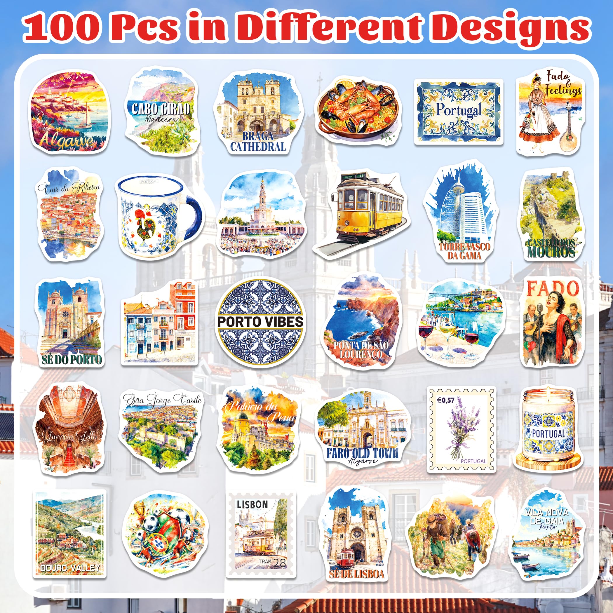 YTSQLER 200 PCS Portugal Stickers, Portugal Travel Souvenirs Stickers for Laptop Water Bottle Journal, Portuguese Vinyl Vacation Decals for Women Men Adults