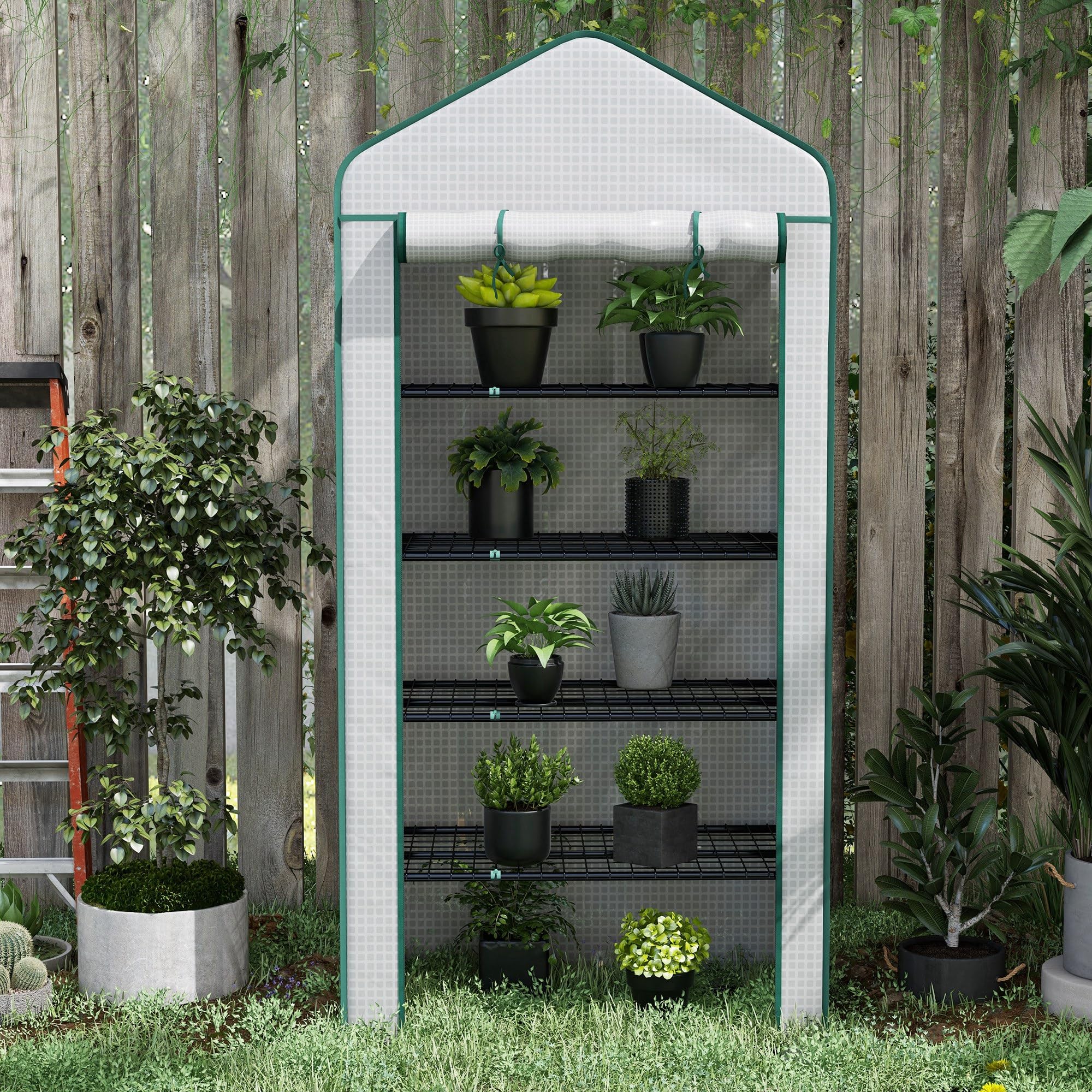 Outsunny Serra da giardino per balcone 5 livelli con 1 porta avvolgibile, telaio in acciaio e telo PE rinforzato per impieghi gravosi dim. 90L x 49W x 193H cm
