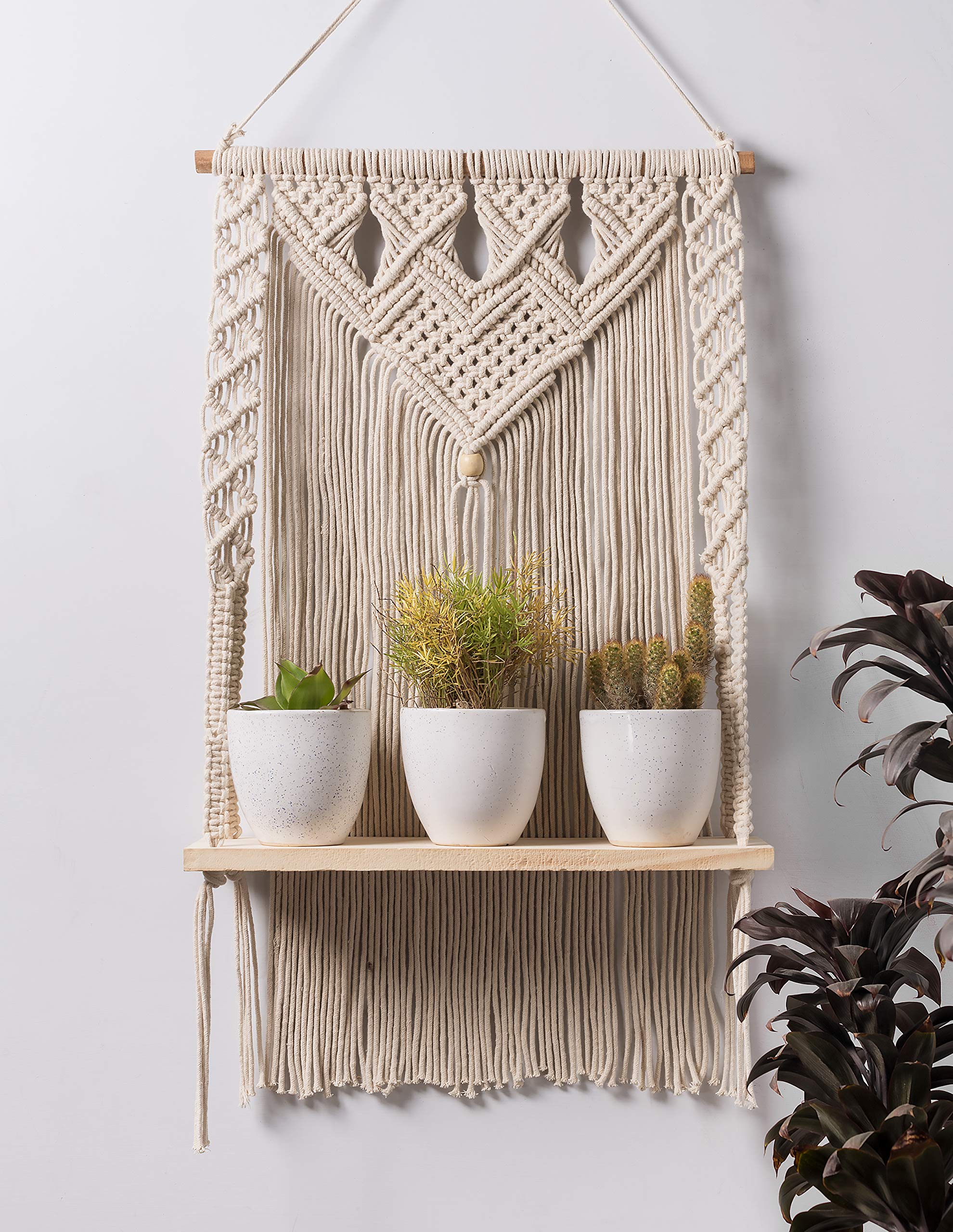 Decazone Macrame Wall Hanging Shelf Bohemian Designs Home Decor Pine Wooden Shelves and Cotton Cord (Farmhouse) (B08XVZB71G) Amazon Price History, Amazon Price Tracker