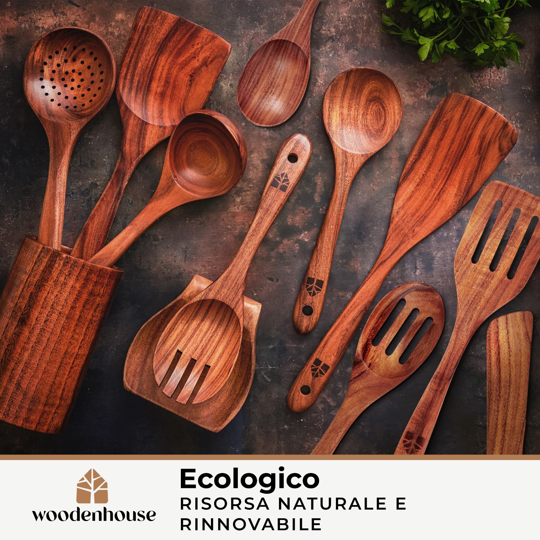 Woodenhouse - Set di 12 Pezzi di Utensili da Cucina in Legno di Teak con Supporto, Porta Cucchiaio e Ganci Nonstick