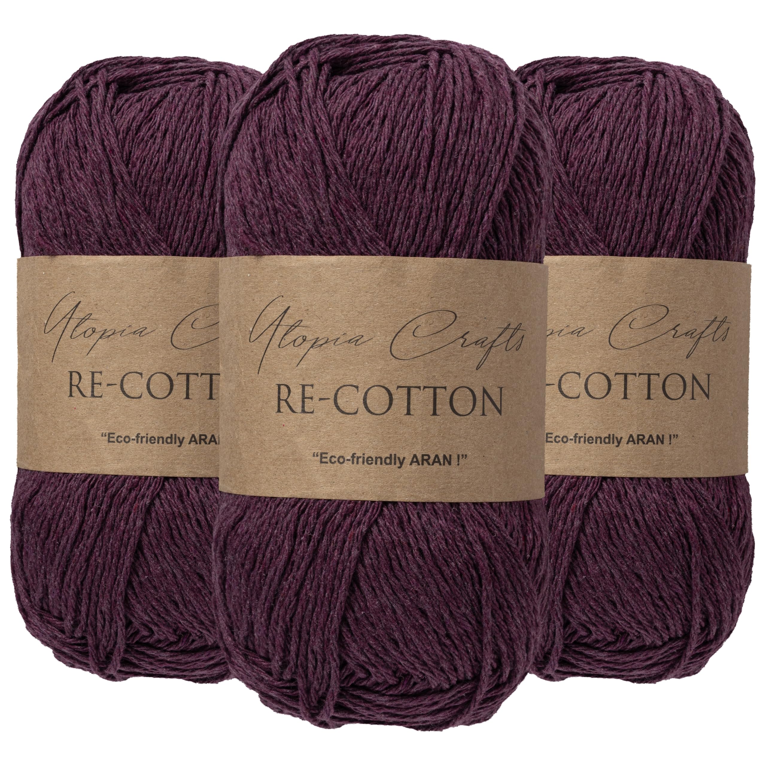 Utopia Crafts Re-Cotton Knitting Yarn 3X 100g (Plum Purple) — image 1