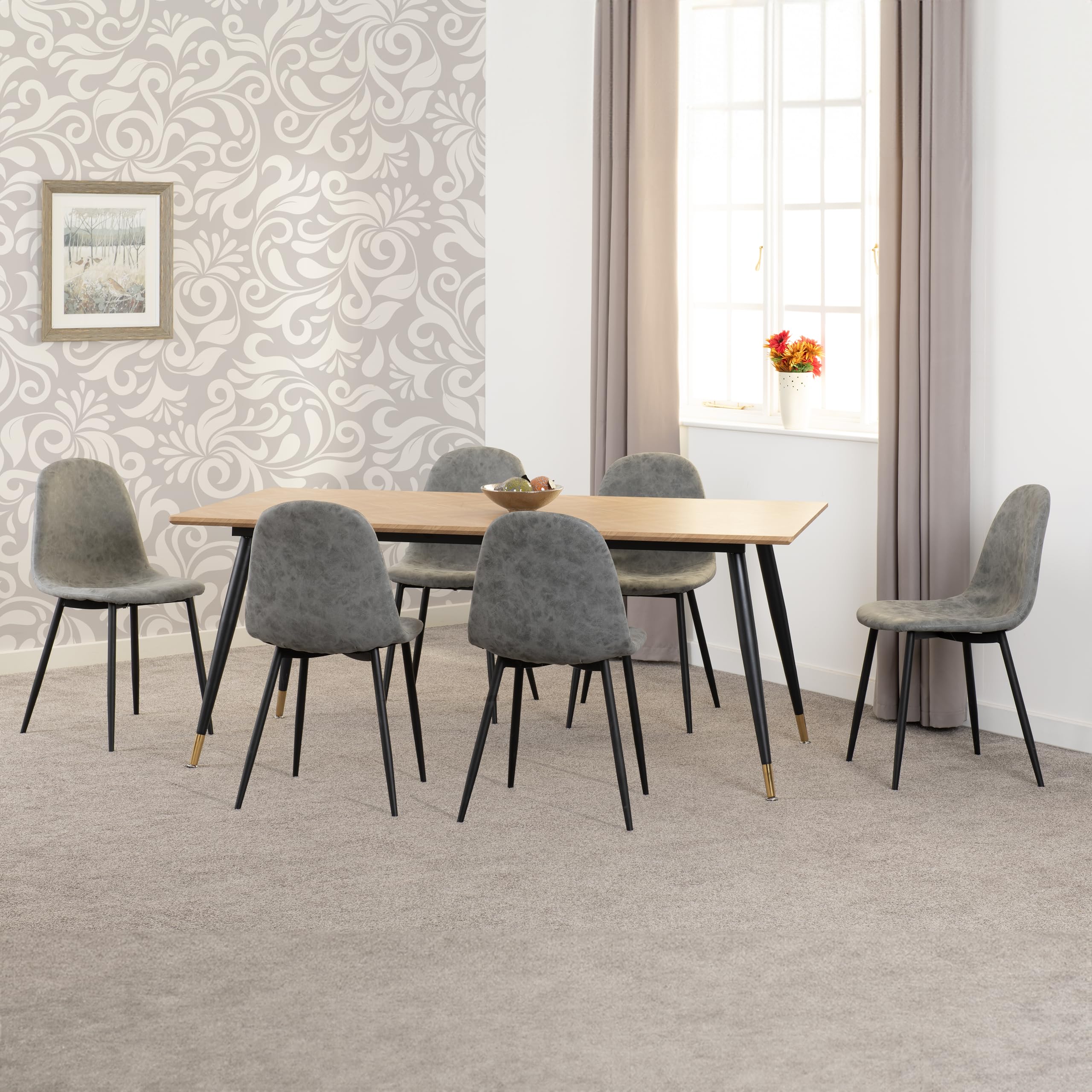 Seconique Hamilton Large Dining Set with Athens Chairs in Medium Oak Effect/Black/Grey Faux Leather