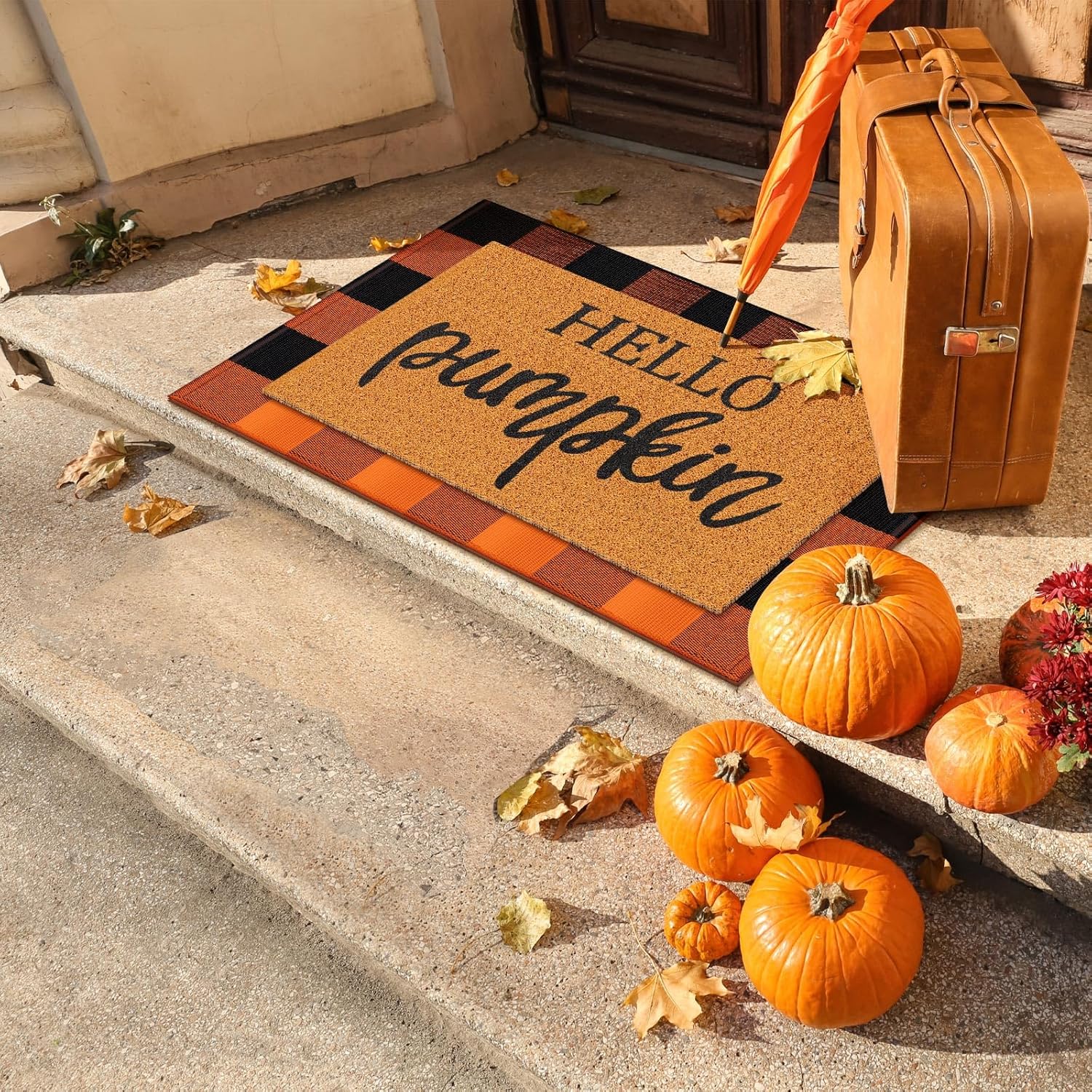 Duraaamo 2 Pcs Fall Door Mat Welcome Doormat Imitation Coir Mats Front Porch Entryway Mats for Fall Autumn Thanksgiving Halloween Indoor Outdoors Decor(Plaid, Hello Pumpkin,Orange, Black)