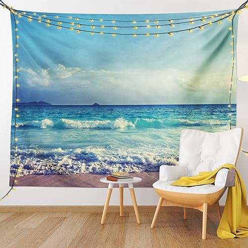 Miniatura 9 de Ambesonne Tapiz de isla tropical, olas del océano en la playa de Seychelles al atardecer horizonte, decoración de tela para colgar en la pared para