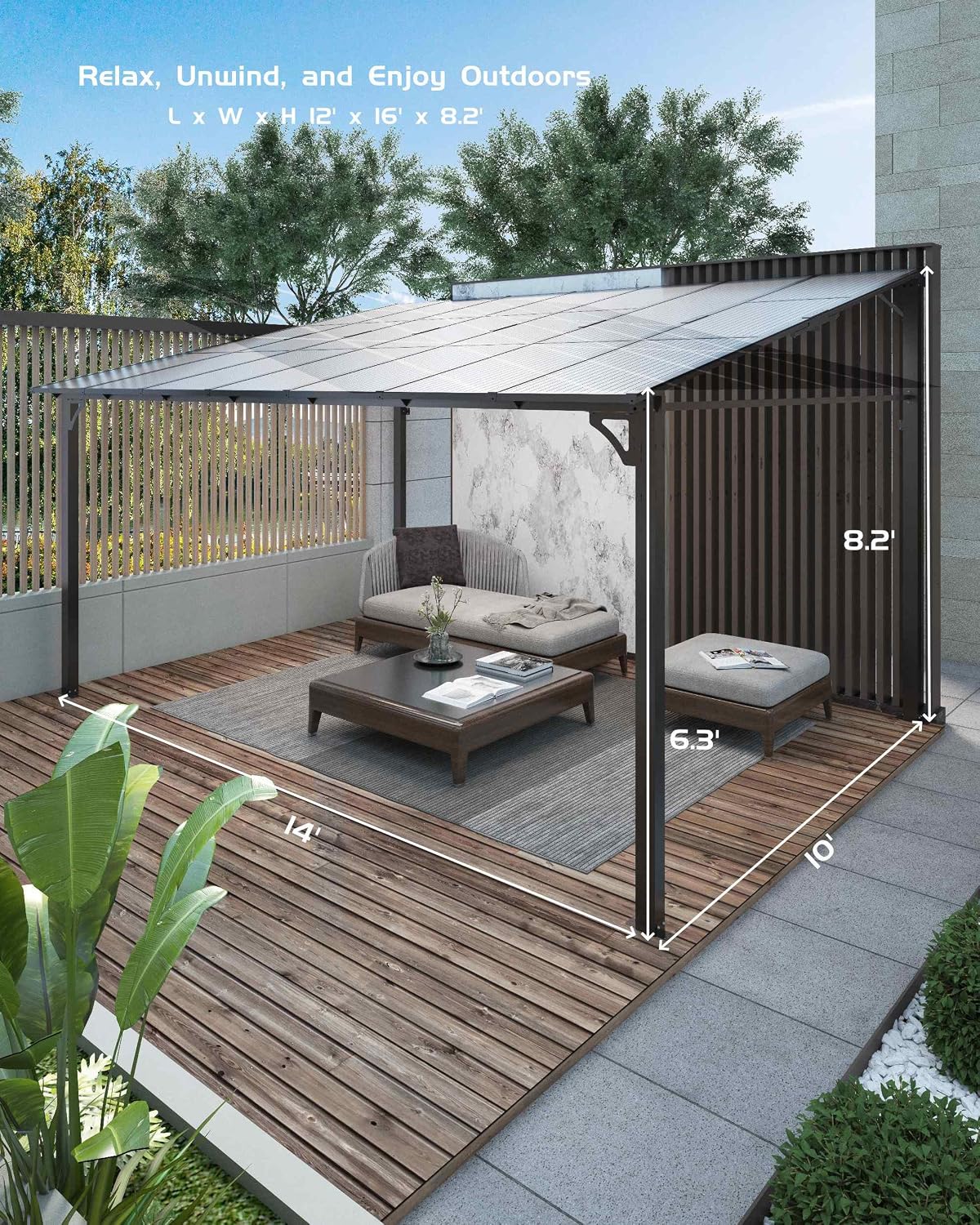 GarveeLife 10 ft x 14 ft Lean to Gazebo, Hardtop Wall Pergola with Polycarbonate Roof, Aluminum Frame Slant Mounted Gazebo for Lawn Patio Deck Yard and Party