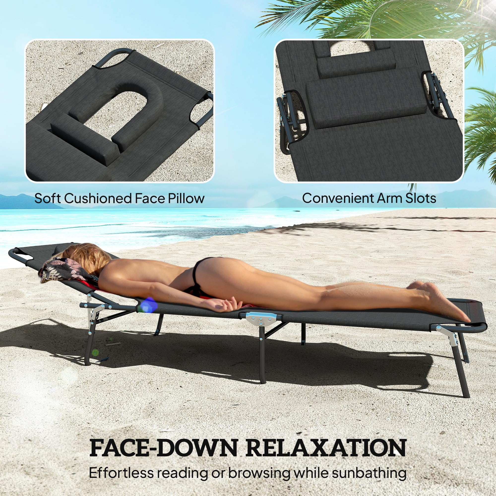 Outsunny Folding Sun Lounger with Face Hole, 4-Position Adjustable Backrest Garden Recliner Chair Sunbed, Outdoor Lounge Chair with 600 D Oxford Cloth Seat, Pillow for Beach, Black — view 4